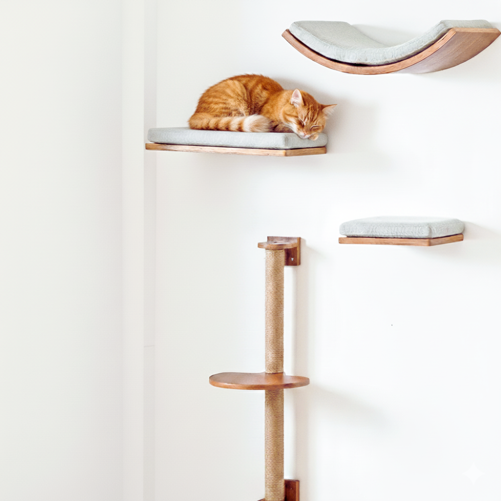 Arbre à chat mural en bois peu encombrant avec marches, échelle et hamac