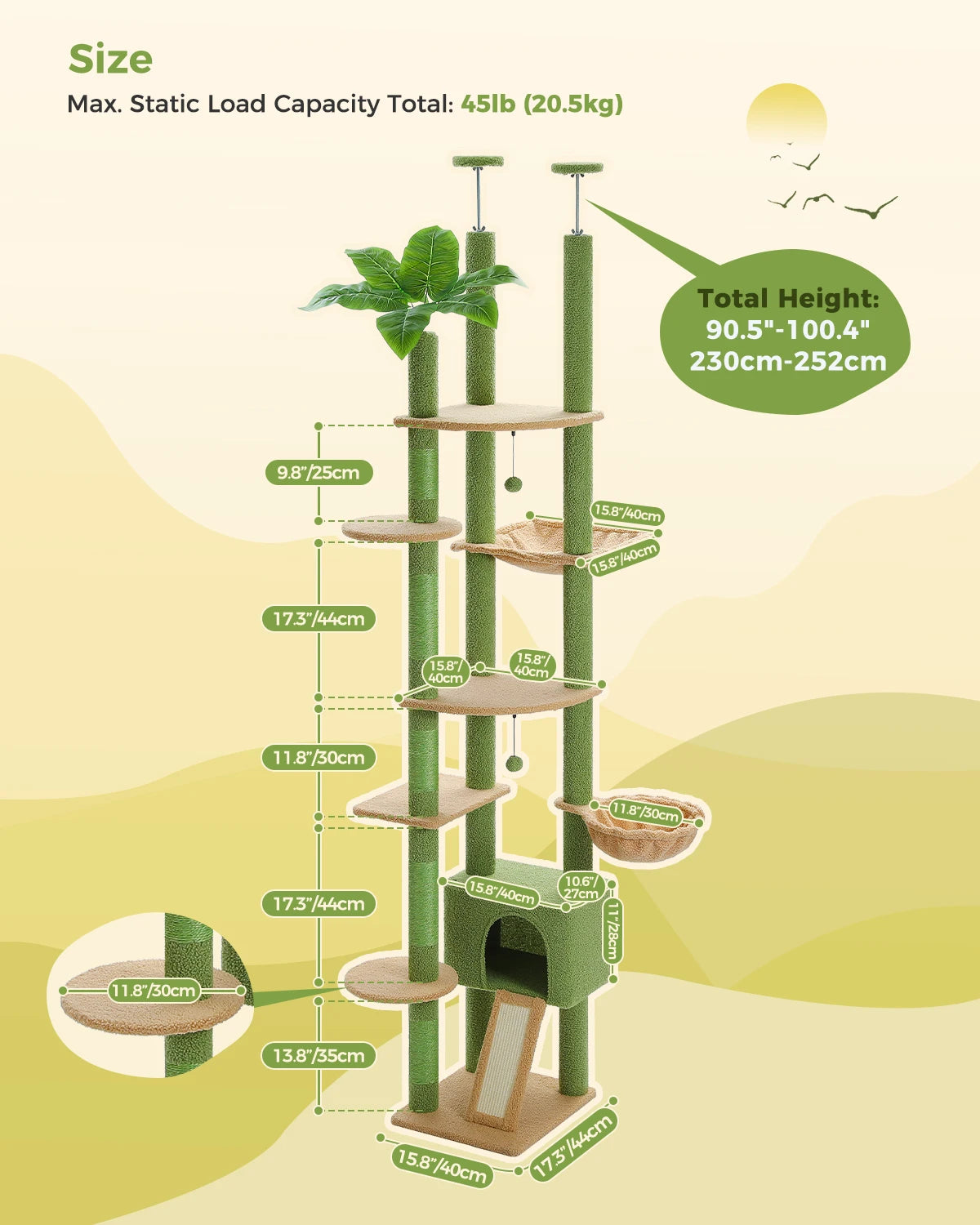 Arbre à chat Cactus réglable en hauteur, du sol au plafond, avec niche, hamac confortable et griffoirs – Arbre d'activité d'intérieur multi-chats peu encombrant
