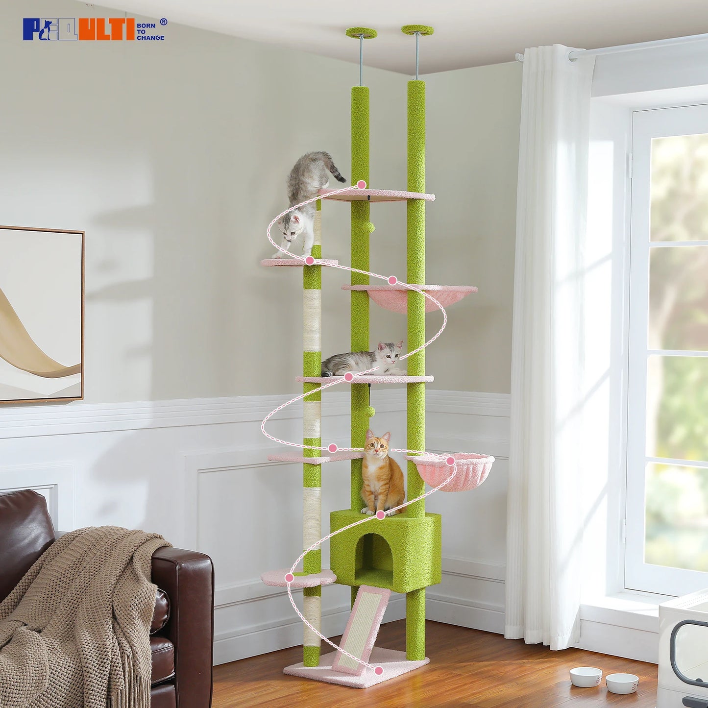 Arbre à chat Cactus réglable en hauteur, du sol au plafond, avec niche, hamac confortable et griffoirs – Arbre d'activité d'intérieur multi-chats peu encombrant