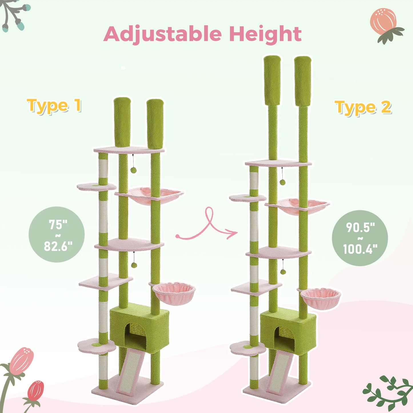 Arbre à chat Cactus réglable en hauteur, du sol au plafond, avec niche, hamac confortable et griffoirs – Arbre d'activité d'intérieur multi-chats peu encombrant