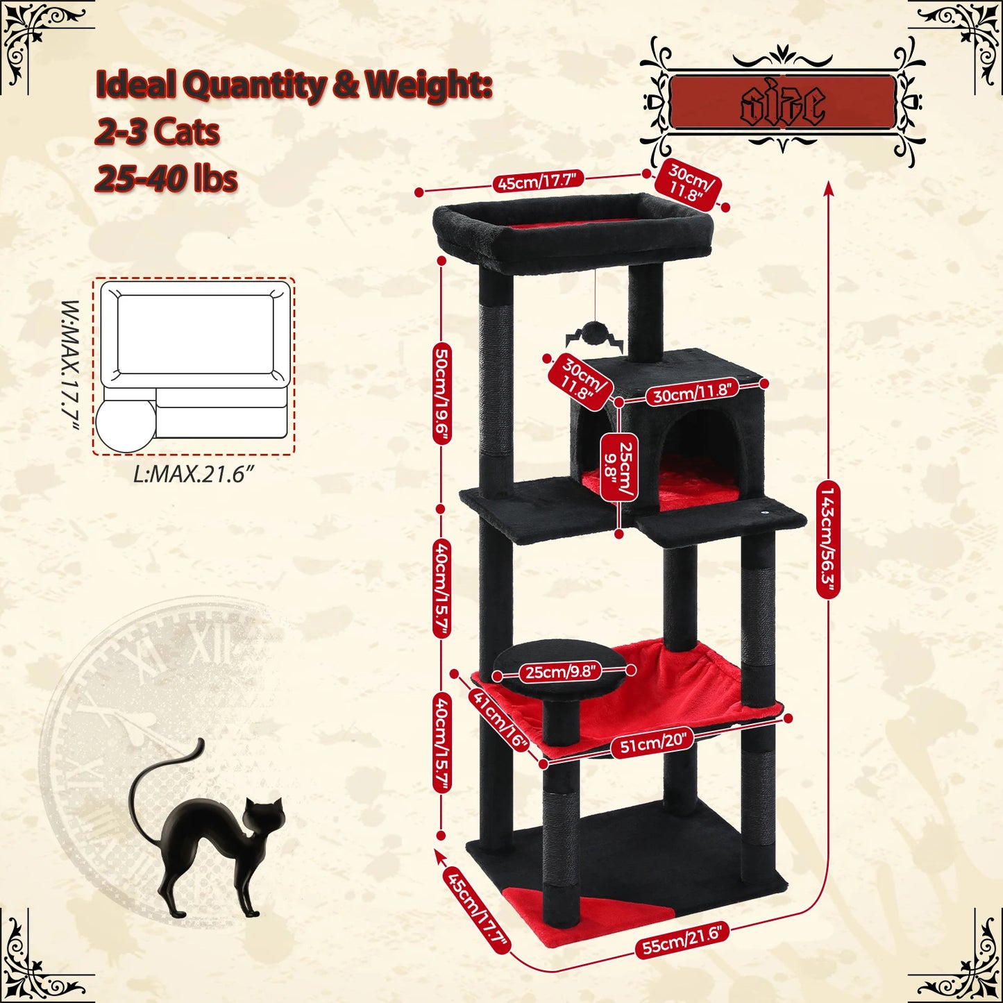 Gratte-ciel pour chats de style gothique avec hamac extra grand, poteau à griffer recouvert de sisal, condo confortable et perchoir supérieur en peluche – aire de jeux intérieure pour chats peu encombrante.