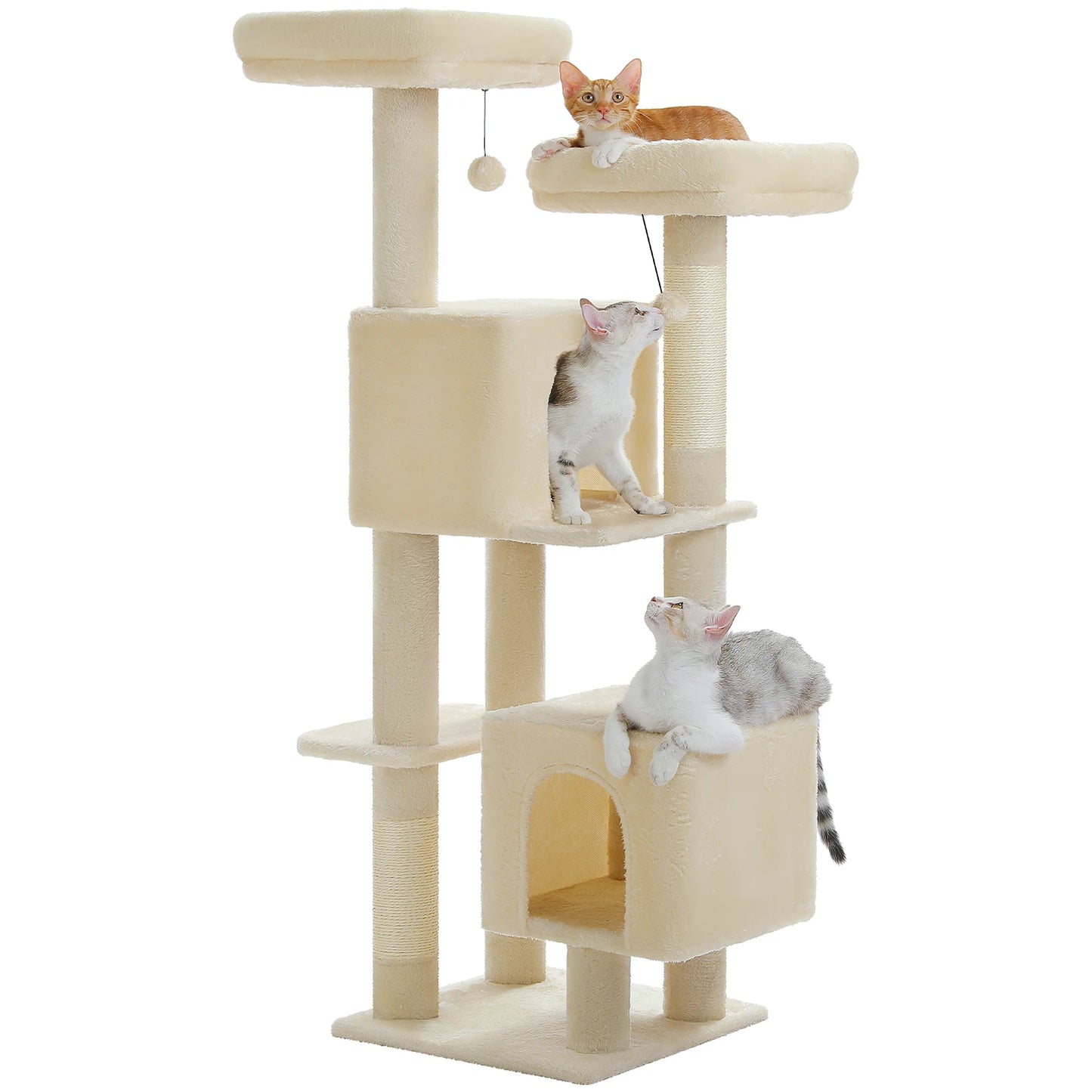 Arbre à chat cactus de 133 cm pour chats d’intérieur avec 2 perchoirs rembourrés, 2 condos douillets, 2 poteaux à griffer en sisal et pompons suspendus remplaçables – aire de jeux multi-chats peu encombrante.