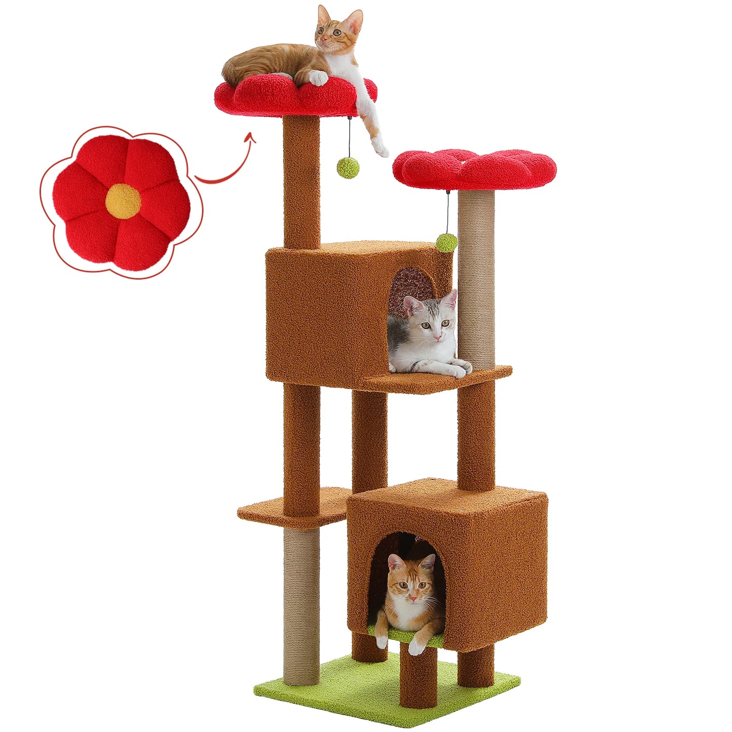 Arbre à chat cactus de 133 cm pour chats d’intérieur avec 2 perchoirs rembourrés, 2 condos douillets, 2 poteaux à griffer en sisal et pompons suspendus remplaçables – aire de jeux multi-chats peu encombrante.