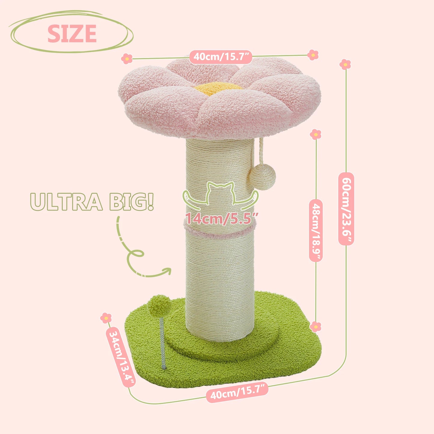 Arbre à chat fleur rose avec poteau à griffer en sisal naturel super épais, perchoir stable intérieur avec tapis et boules interactives.