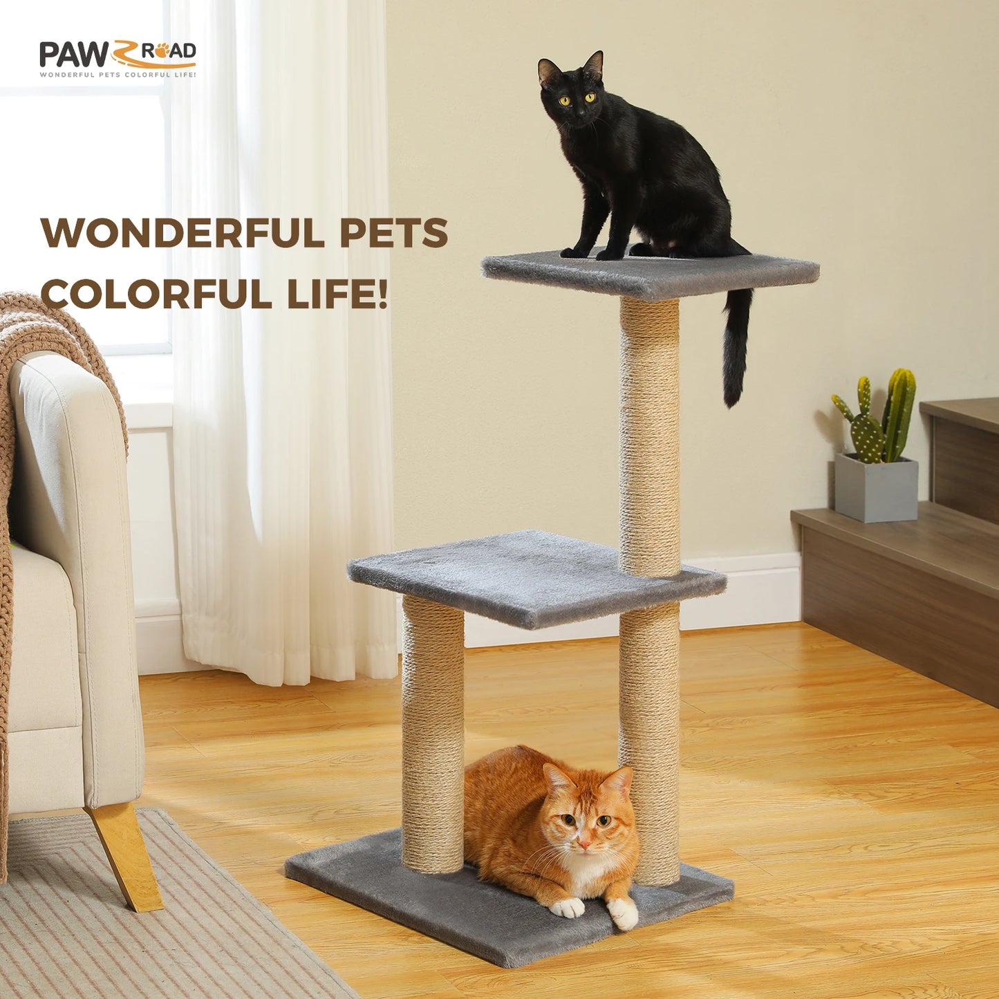Tour pour chat réglable à 5 niveaux, du sol au plafond, avec poteaux à griffer en sisal, hamac en peluche et jouet suspendu – Design moderne en forme de cactus pour les jeux d'intérieur de plusieurs chats