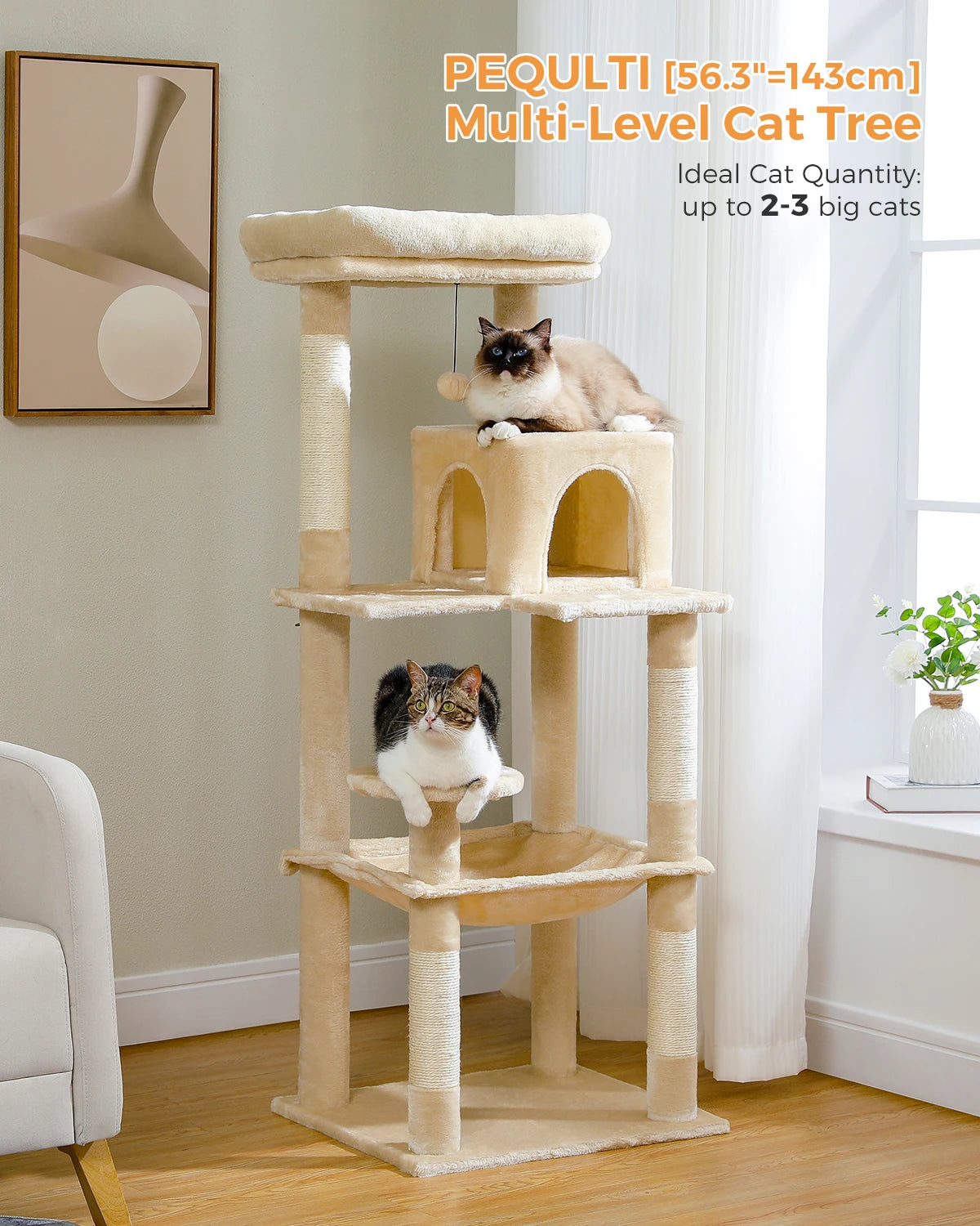Tour d'arbre à chat à 5 niveaux pour grands chats avec hamac extra-large, niche confortable, poteaux à griffer en sisal et perchoir moelleux – Centre d'activités d'intérieur adapté aux chats lourds