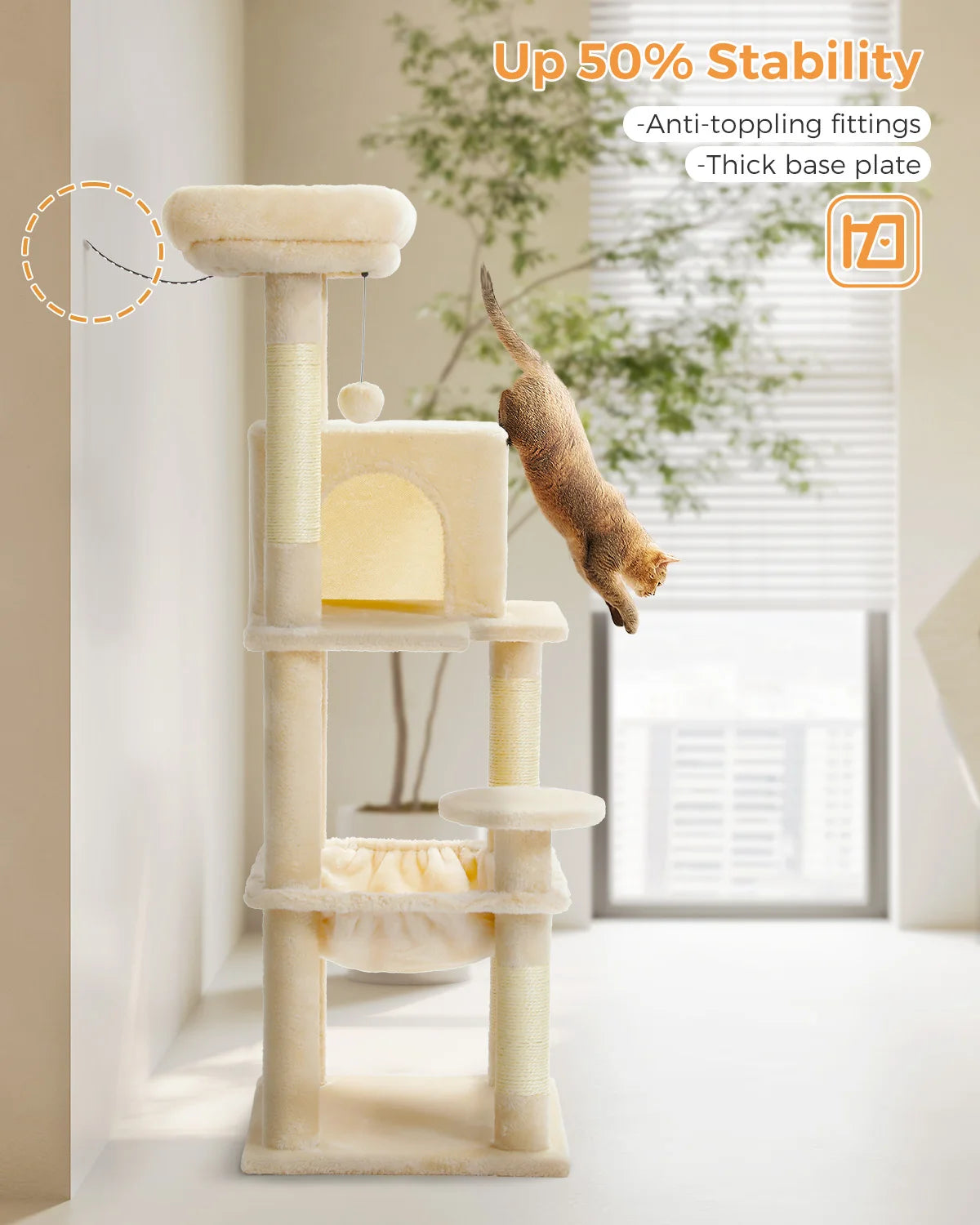 Tour d'arbre à chat à 5 niveaux pour grands chats avec hamac extra-large, niche confortable, poteaux à griffer en sisal et perchoir moelleux – Centre d'activités d'intérieur adapté aux chats lourds