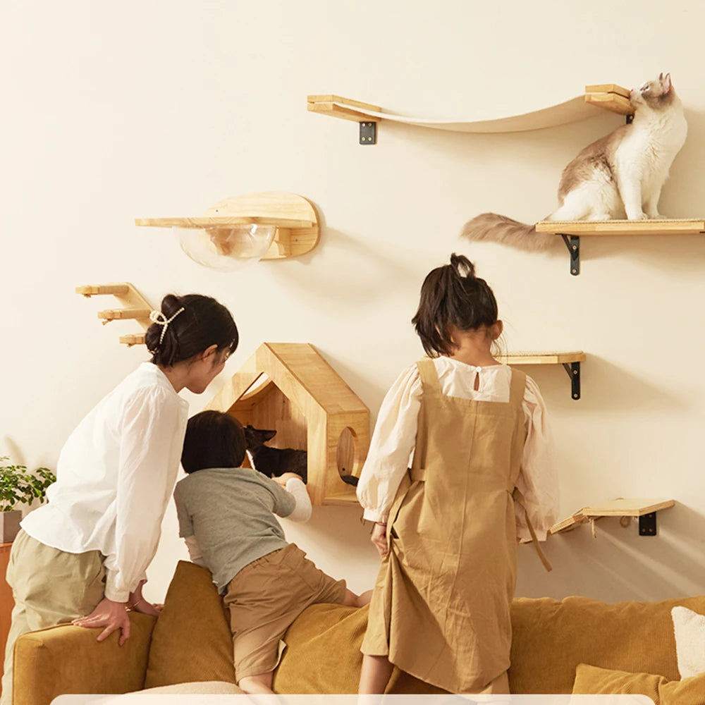 Meuble mural pour chat avec étagère flottante, poteau à griffer en sisal, perchoirs d’escalade, hamac douillet et marches murales – aire de jeux intérieure verticale pour chat, peu encombrante, pour dormir, jouer et s