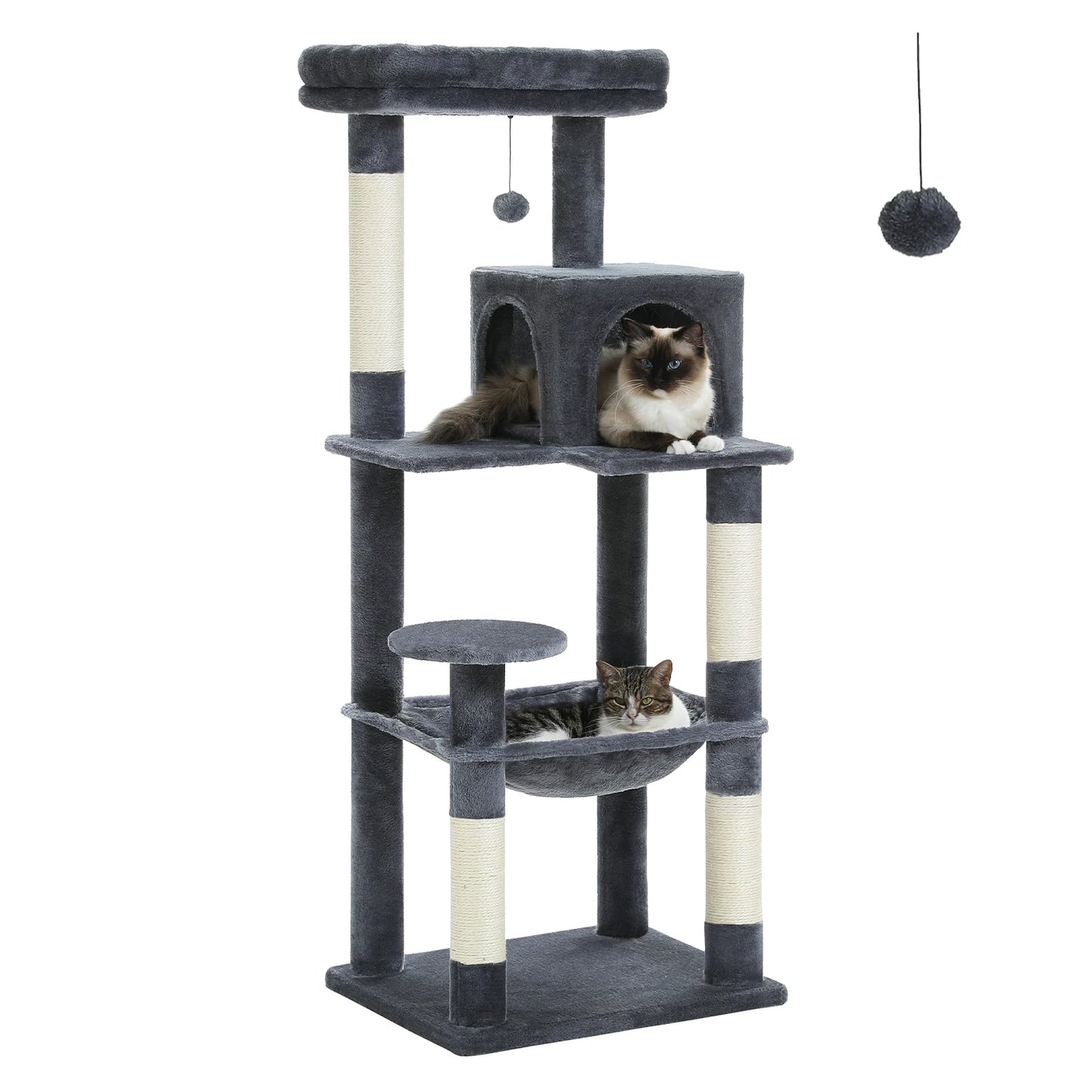 Tour d'arbre à chat à 5 niveaux pour grands chats avec hamac extra-large, niche confortable, poteaux à griffer en sisal et perchoir moelleux – Centre d'activités d'intérieur adapté aux chats lourds