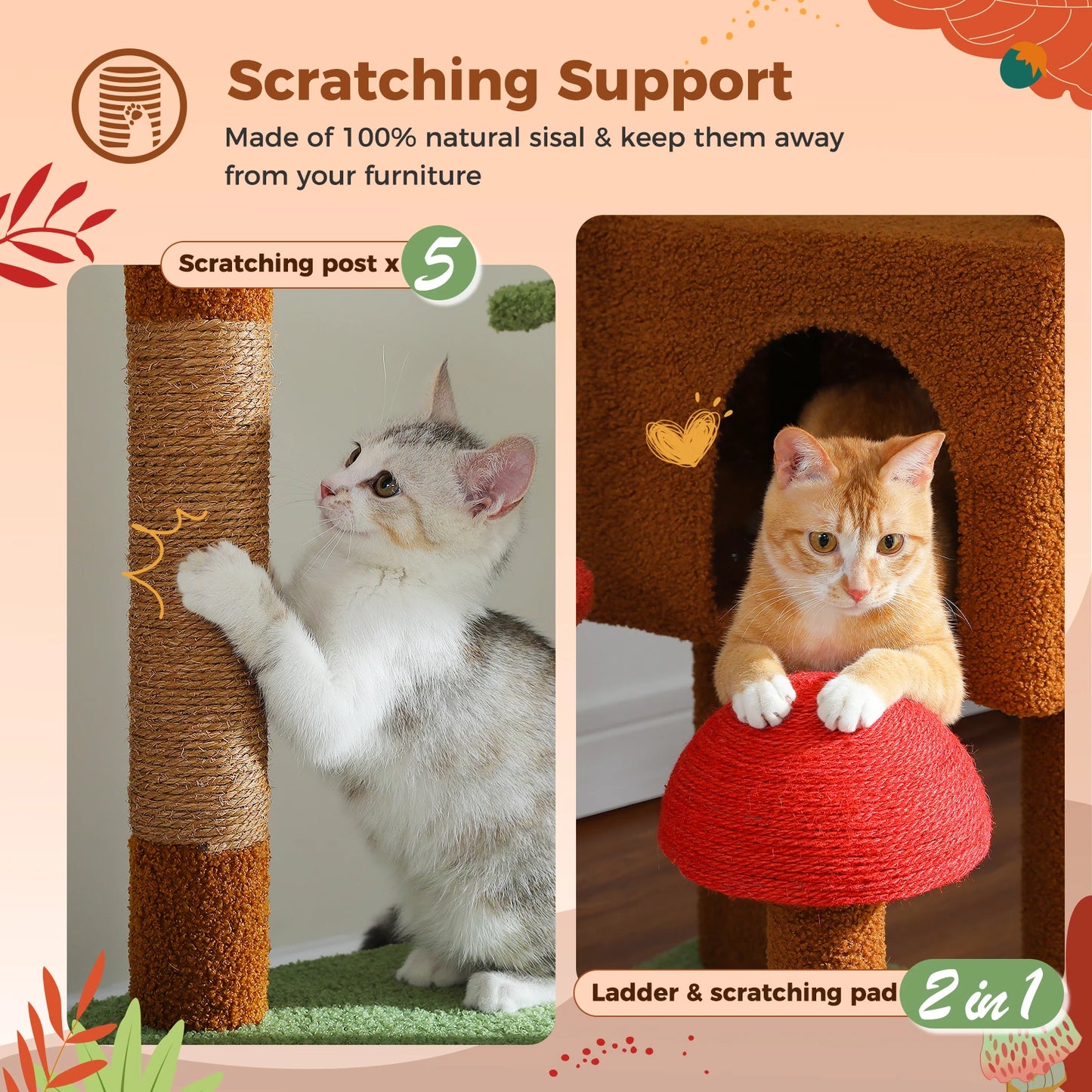 Arbre à chat cactus à hauteur réglable, tour multi-chats du sol au plafond avec condo, hamac et poteau à griffer pour grands chats.