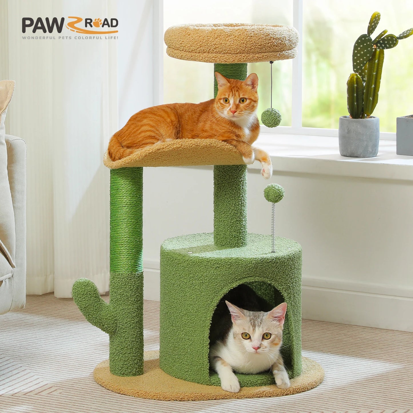 Arbre à chat cactus durable avec perchoir courbe, condo douillet, lit supérieur amovible, poteau à griffer en sisal naturel, tour pour chat d'intérieur.