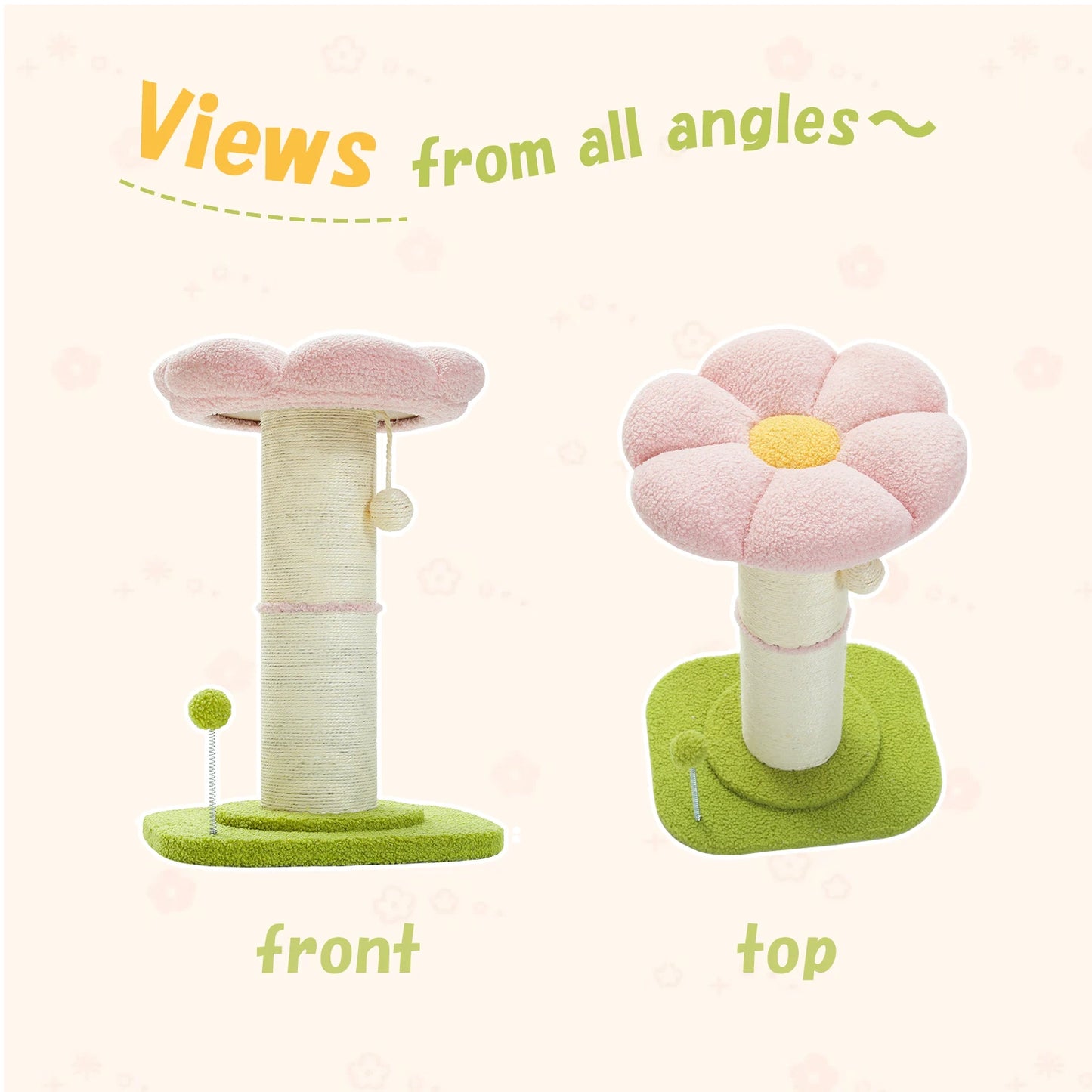 Arbre à chat fleur rose avec poteau à griffer en sisal naturel super épais, perchoir stable intérieur avec tapis et boules interactives.