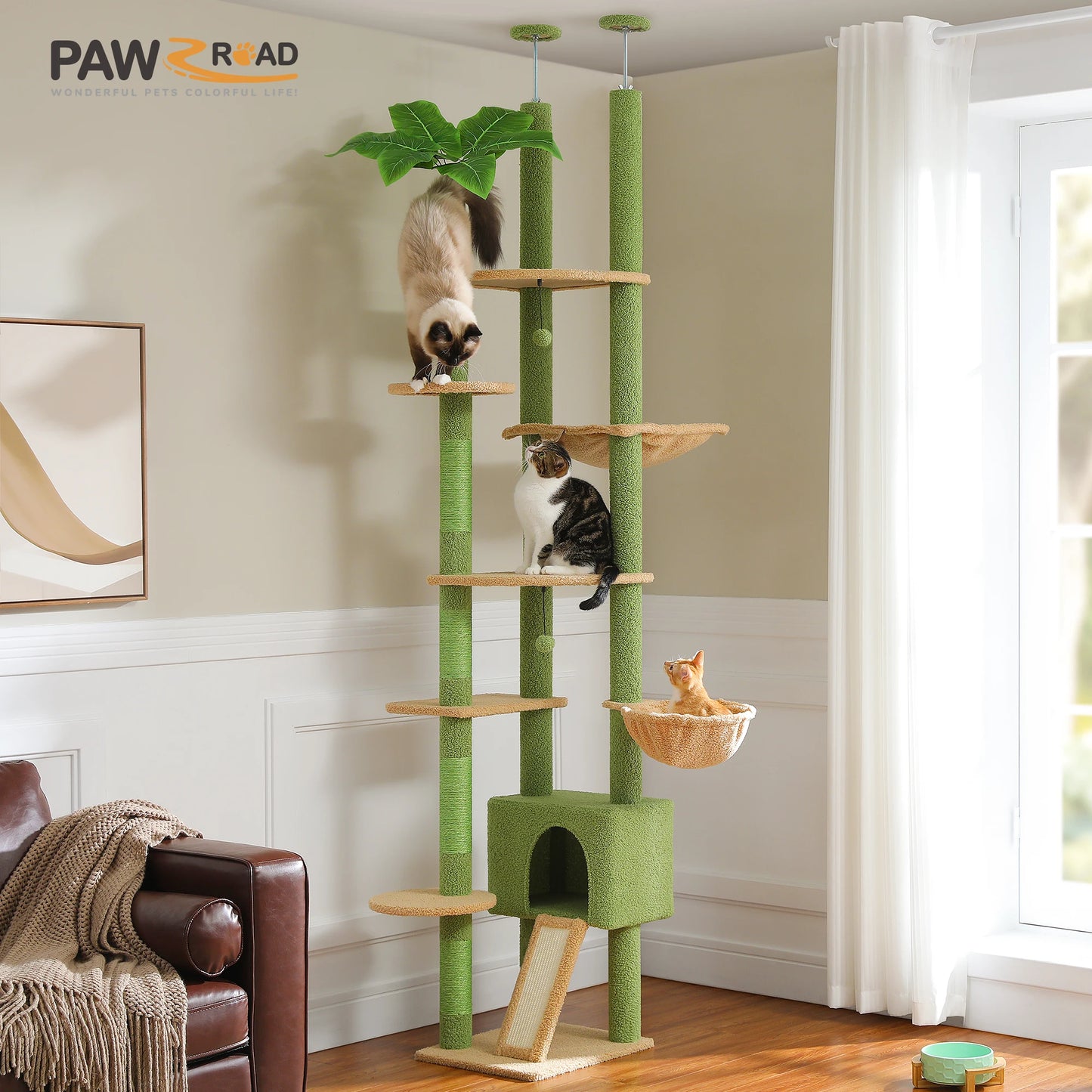 Arbre à chat Cactus réglable en hauteur, du sol au plafond, avec niche, hamac confortable et griffoirs – Arbre d'activité d'intérieur multi-chats peu encombrant