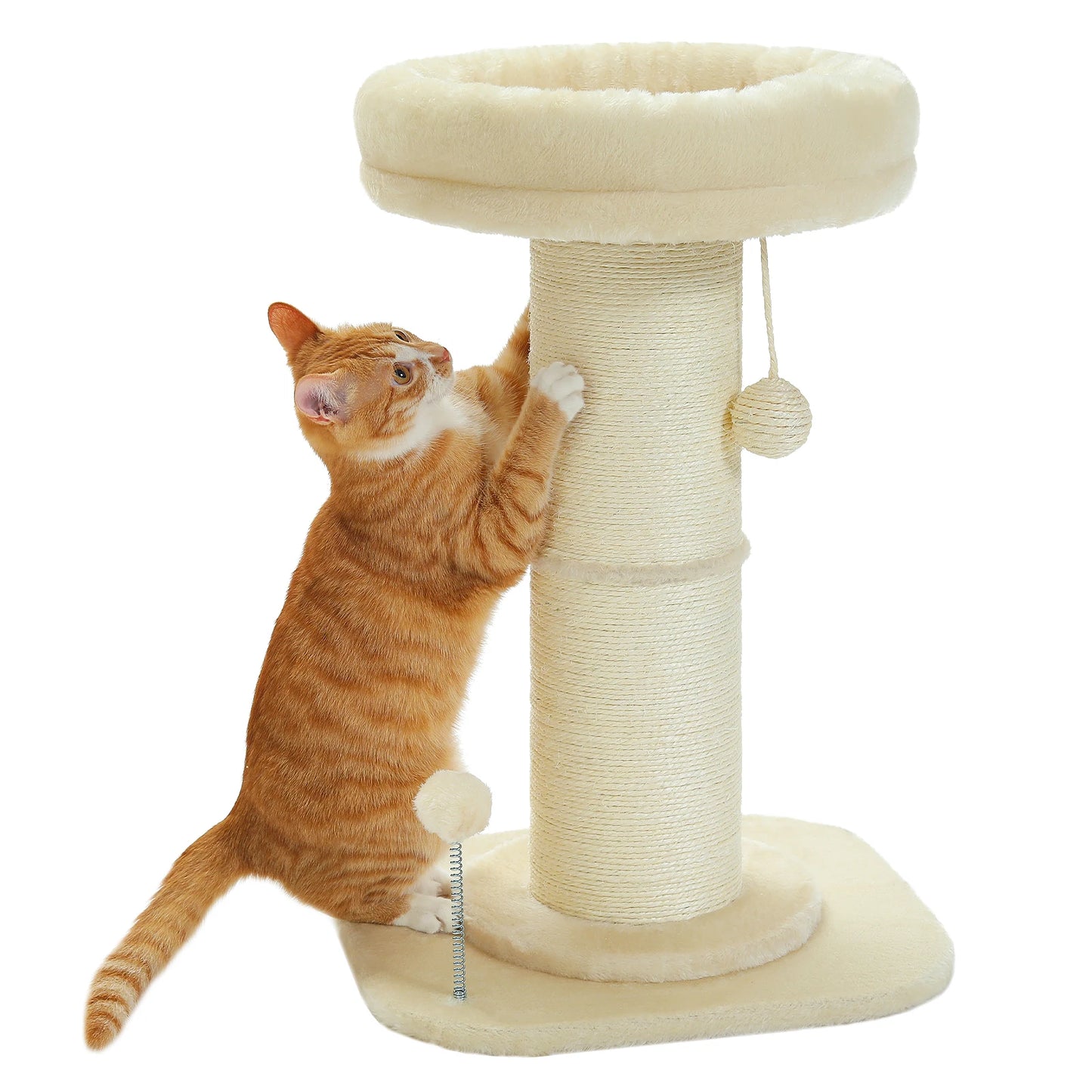 Arbre à chat fleur rose avec poteau à griffer en sisal naturel super épais, perchoir stable intérieur avec tapis et boules interactives.