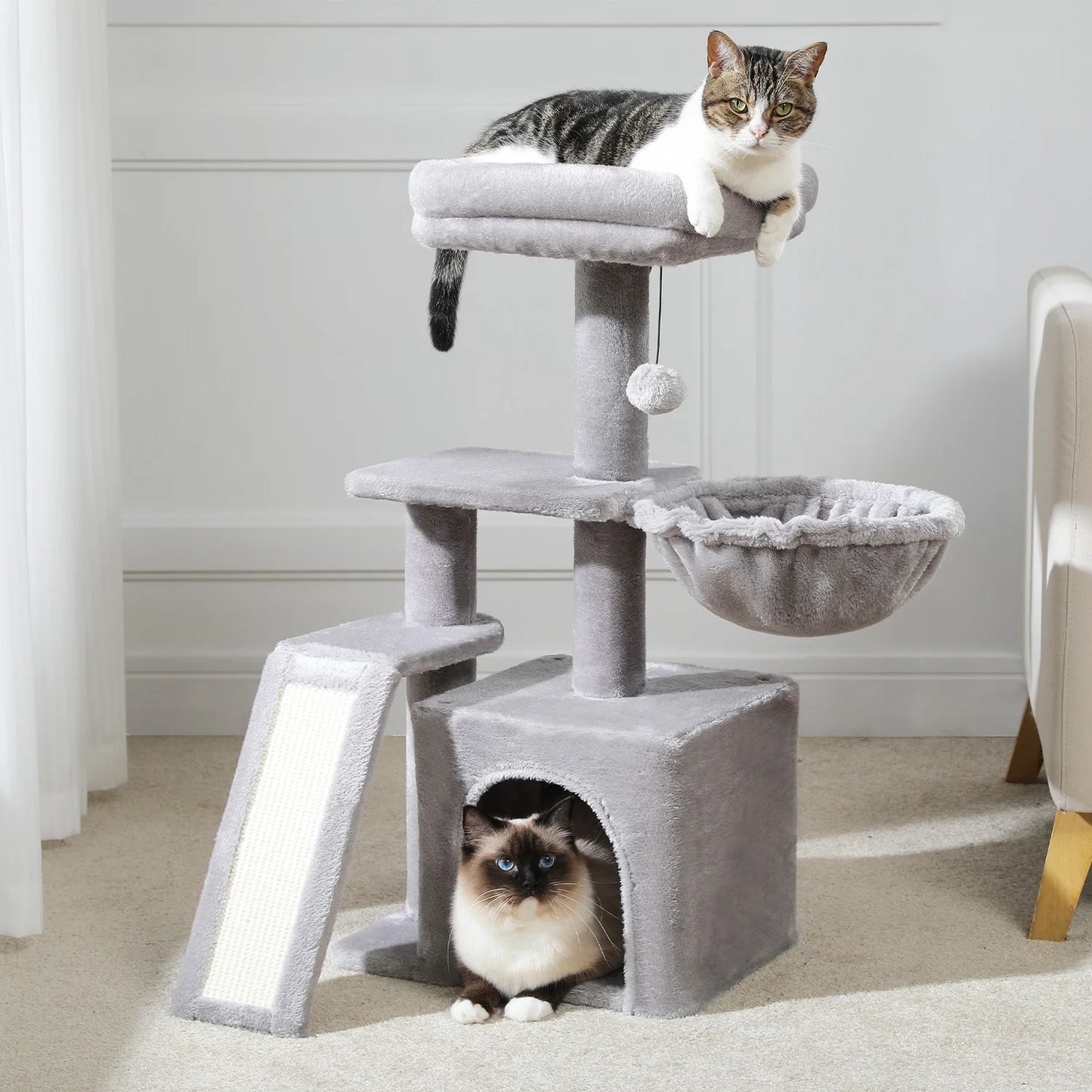 Tour pour chat réglable à 5 niveaux, du sol au plafond, avec poteaux à griffer en sisal, hamac en peluche et jouet suspendu – Design moderne en forme de cactus pour les jeux d'intérieur de plusieurs chats