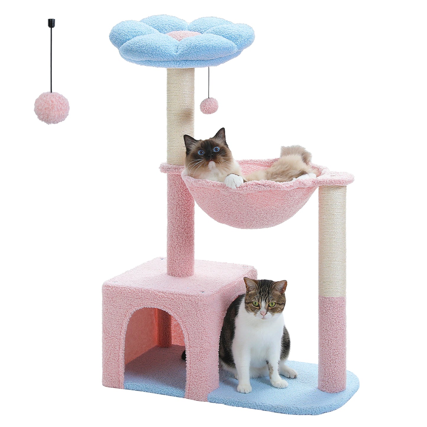 Arbre à chat fleuri avec grand hamac à cadre métallique, poteaux à griffer en sisal et perchoir rose – tour à chat stable, facile à nettoyer, avec condo spacieux à deux portes, idéal pour petits chats en intérieur.