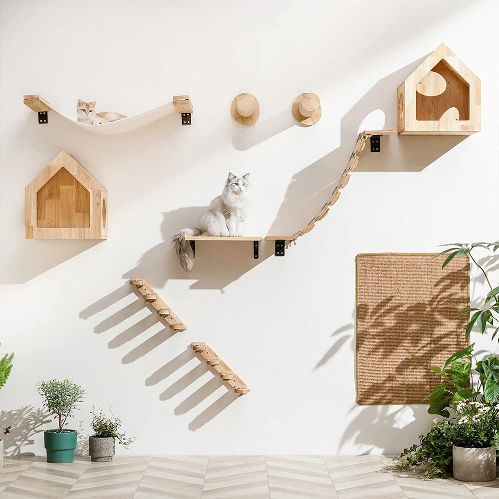 Étagère murale d’escalade pour chat avec échelle, marches, poteau à griffer en sisal, lit douillet et cachette – Tour d’arbre à chat modulaire d’intérieur et accessoires de mobilier pour animaux