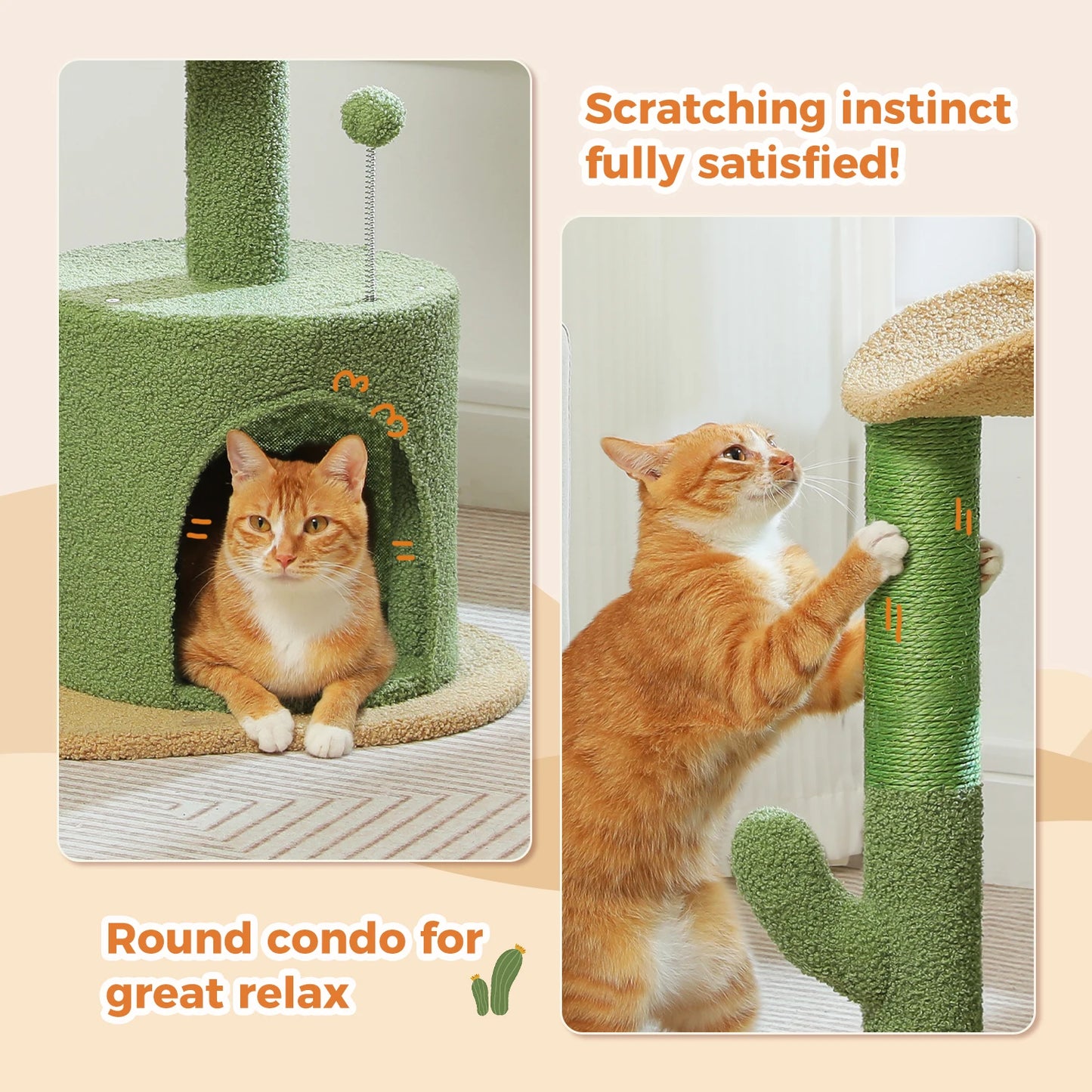 Arbre à chat cactus durable avec perchoir courbe, condo douillet, lit supérieur amovible, poteau à griffer en sisal naturel, tour pour chat d'intérieur.