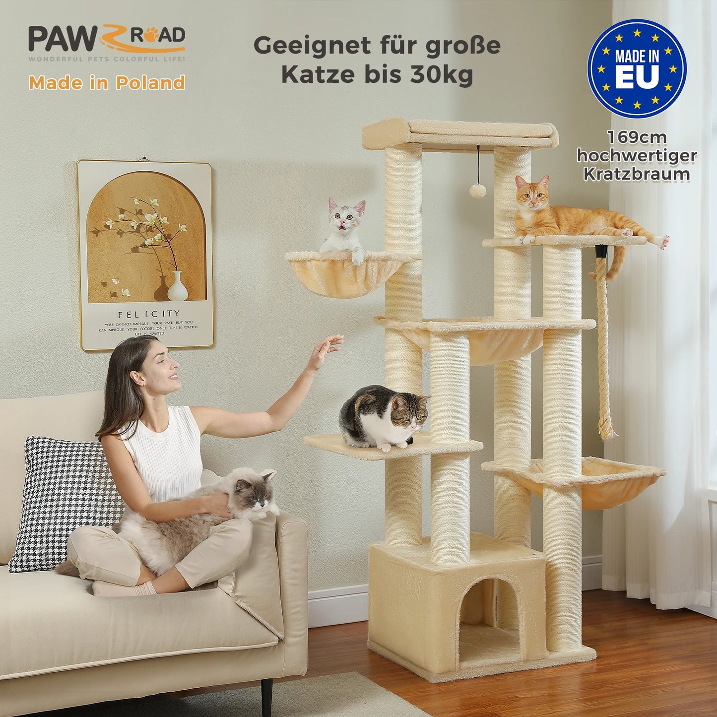 Arbre à chat pour gros chats avec 11 poteaux à griffer en sisal, 7 niveaux, plusieurs hamacs et perchoirs extra-larges – Château d’escalade robuste pour intérieur, adapté aux chats jusqu’à 10 kg.