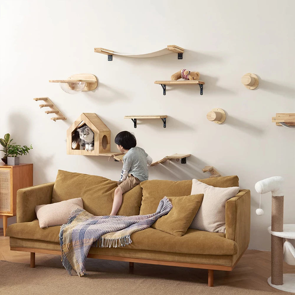 Meuble mural pour chat avec étagère flottante, poteau à griffer en sisal, perchoirs d’escalade, hamac douillet et marches murales – aire de jeux intérieure verticale pour chat, peu encombrante, pour dormir, jouer et s