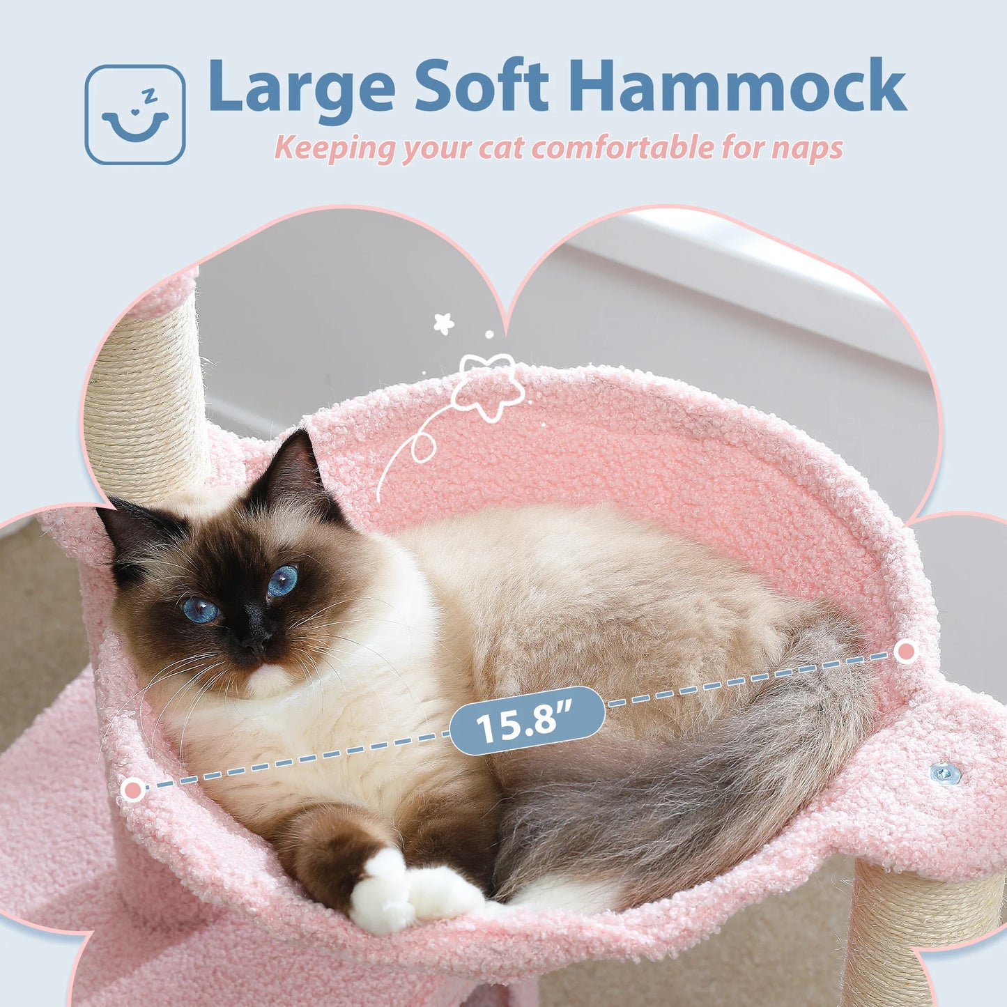 Arbre à chat fleuri avec grand hamac à cadre métallique, poteaux à griffer en sisal et perchoir rose – tour à chat stable, facile à nettoyer, avec condo spacieux à deux portes, idéal pour petits chats en intérieur.