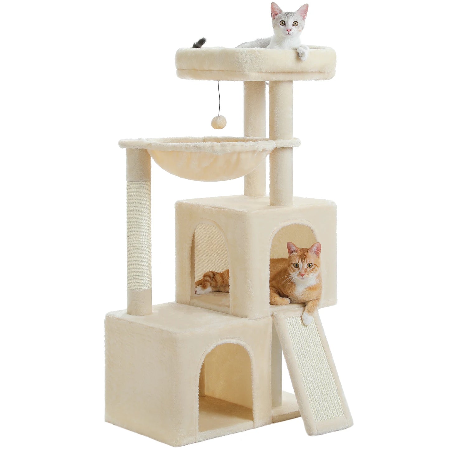 Arbre à chat de luxe tout-en-un avec 2 condos spacieux, grand hamac, perchoir rembourré, poteaux à griffer et rampe – Centre robuste de jeu et de repos multi-chats pour gros chats avec sangle de sécurité.