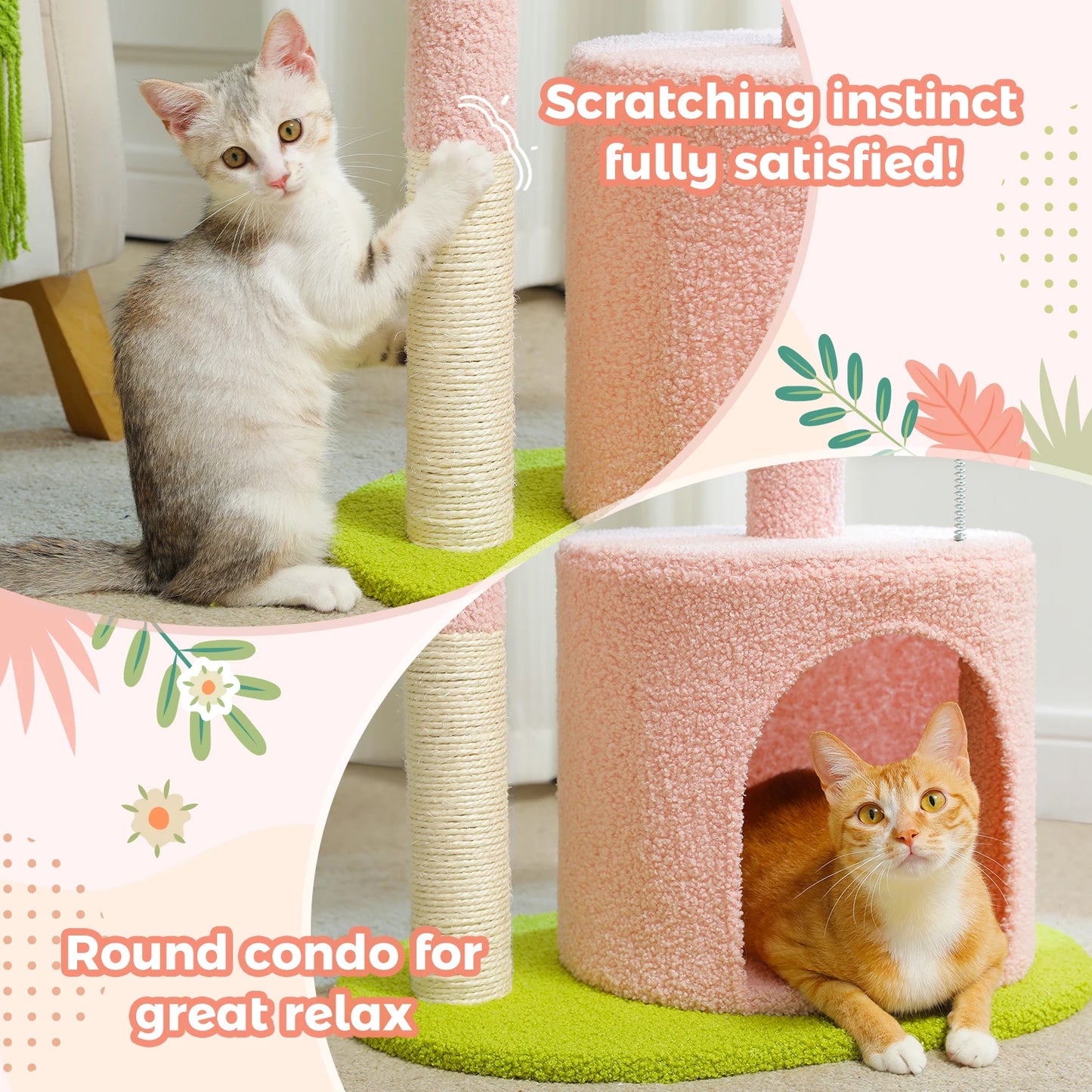 Arbre à chat cactus durable avec perchoir courbe, condo douillet, lit supérieur amovible, poteau à griffer en sisal naturel, tour pour chat d'intérieur.