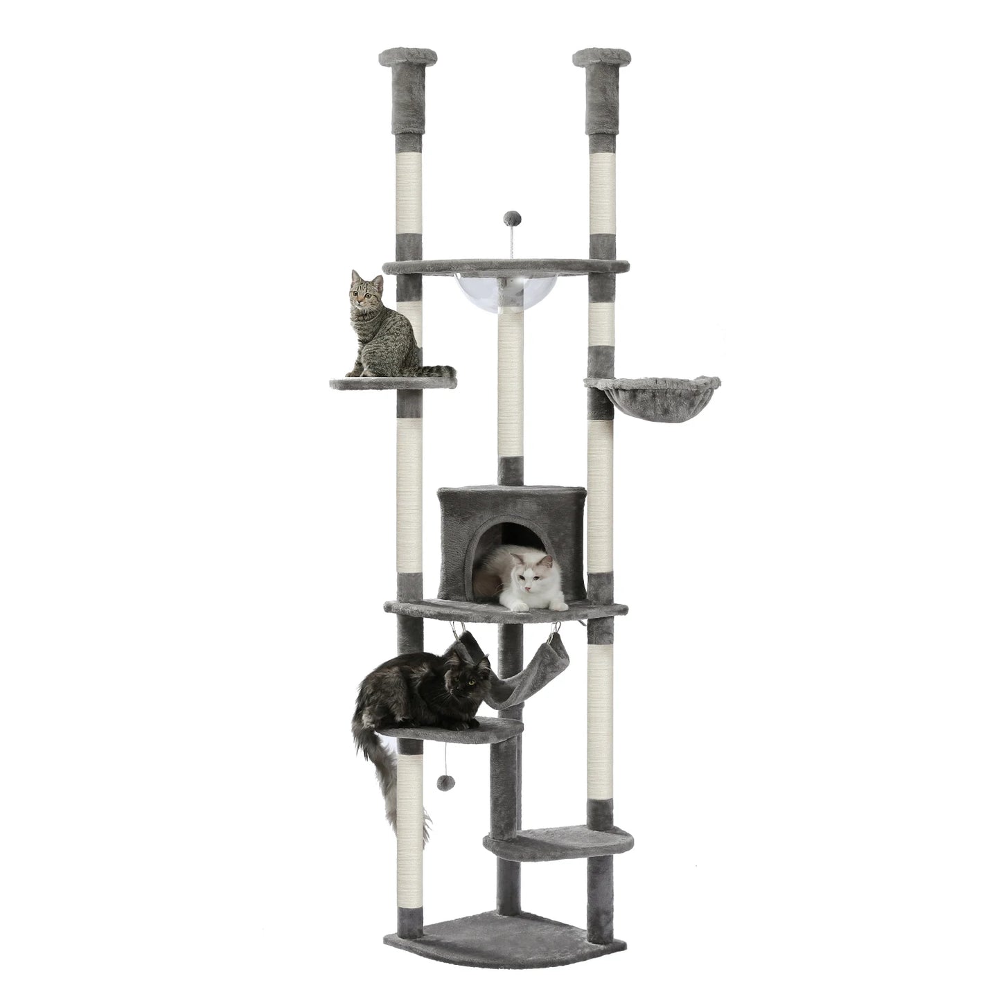 Arbre à chat réglable du sol au plafond avec 9 poteaux à griffer en sisal, condo douillet, hamac en peluche, perchoirs et balle à ressort – grand centre d’activité vertical multi-chats idéal pour les grandes famille
