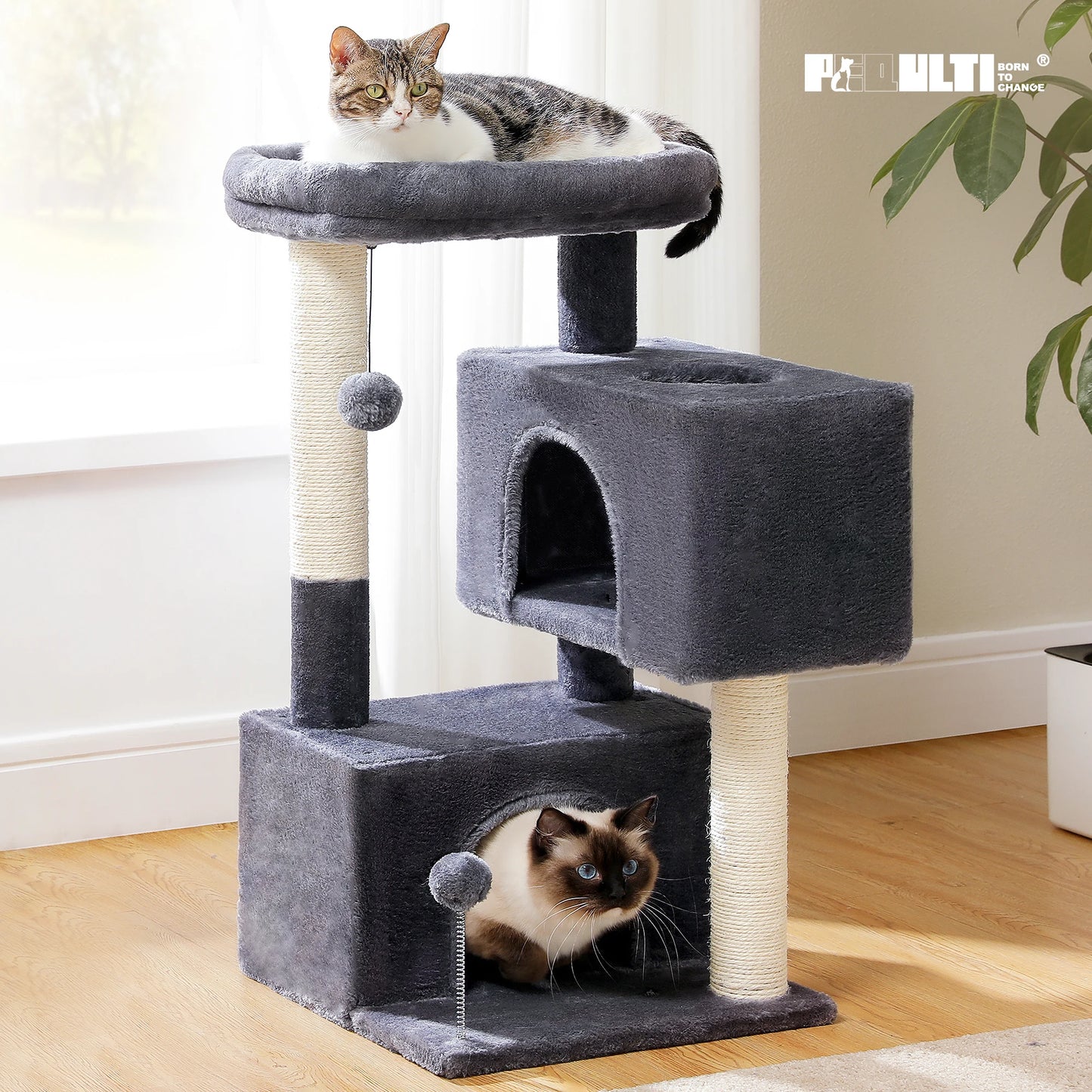 Arbre à chat de luxe tout-en-un avec 2 condos spacieux, grand hamac, perchoir rembourré, poteaux à griffer et rampe – Centre robuste de jeu et de repos multi-chats pour gros chats avec sangle de sécurité.