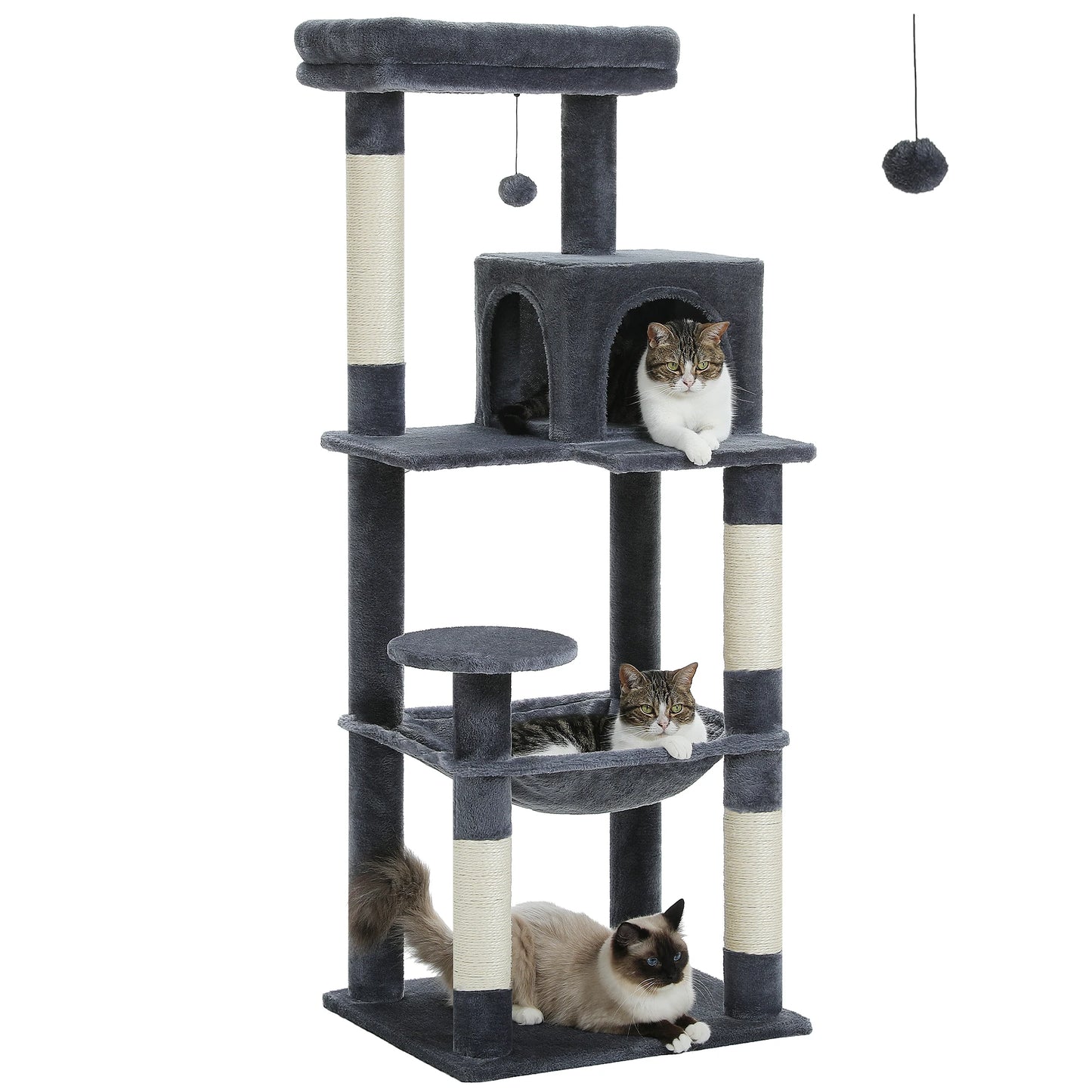 Tour d'arbre à chat à 5 niveaux pour grands chats avec hamac extra-large, niche confortable, poteaux à griffer en sisal et perchoir moelleux – Centre d'activités d'intérieur adapté aux chats lourds