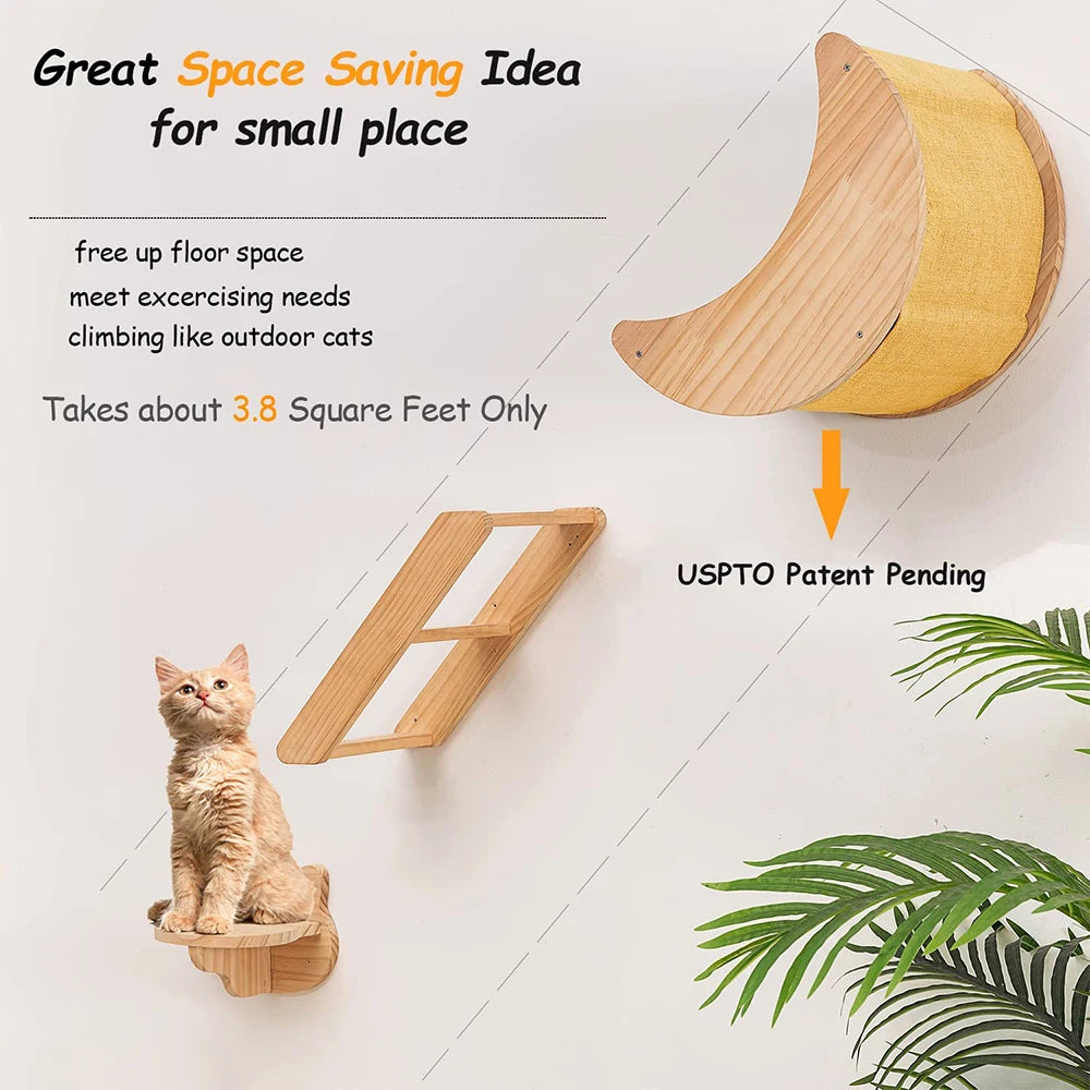 Ensemble d’étagères murales pour chat en forme de lune avec hamac, perchoirs, échelle et marches en bois massif – mobilier d’escalade intérieur élégant pour chat, pour l’activité, le repos et le jeu.