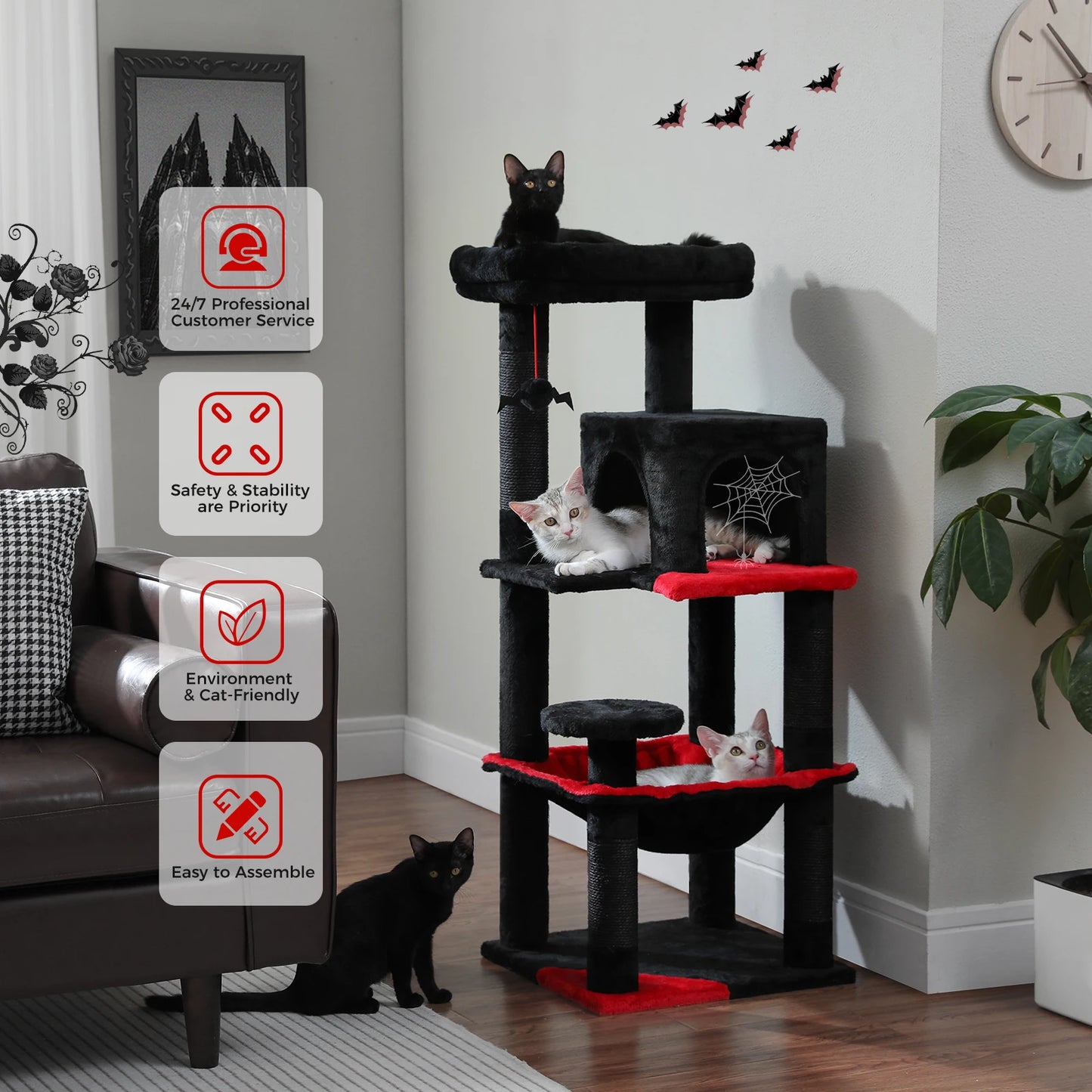 Gratte-ciel pour chats de style gothique avec hamac extra grand, poteau à griffer recouvert de sisal, condo confortable et perchoir supérieur en peluche – aire de jeux intérieure pour chats peu encombrante.