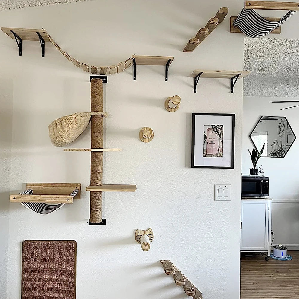 Étagère murale d’escalade pour chat avec échelle, marches, poteau à griffer en sisal, lit douillet et cachette – Tour d’arbre à chat modulaire d’intérieur et accessoires de mobilier pour animaux
