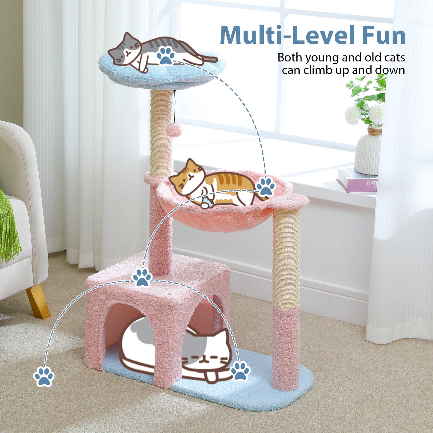 Arbre à chat fleuri avec grand hamac à cadre métallique, poteaux à griffer en sisal et perchoir rose – tour à chat stable, facile à nettoyer, avec condo spacieux à deux portes, idéal pour petits chats en intérieur.