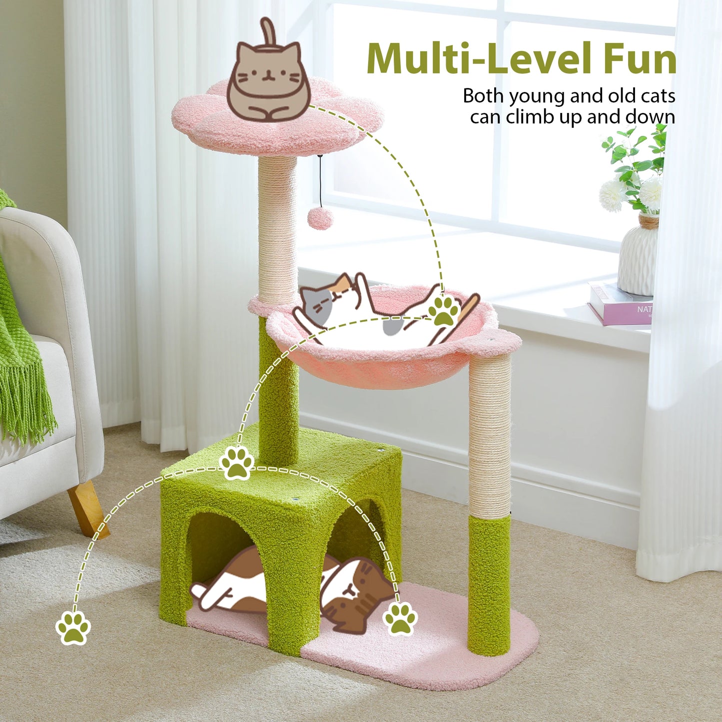 Arbre à chat fleuri avec grand hamac à cadre métallique, poteaux à griffer en sisal et perchoir rose – tour à chat stable, facile à nettoyer, avec condo spacieux à deux portes, idéal pour petits chats en intérieur.