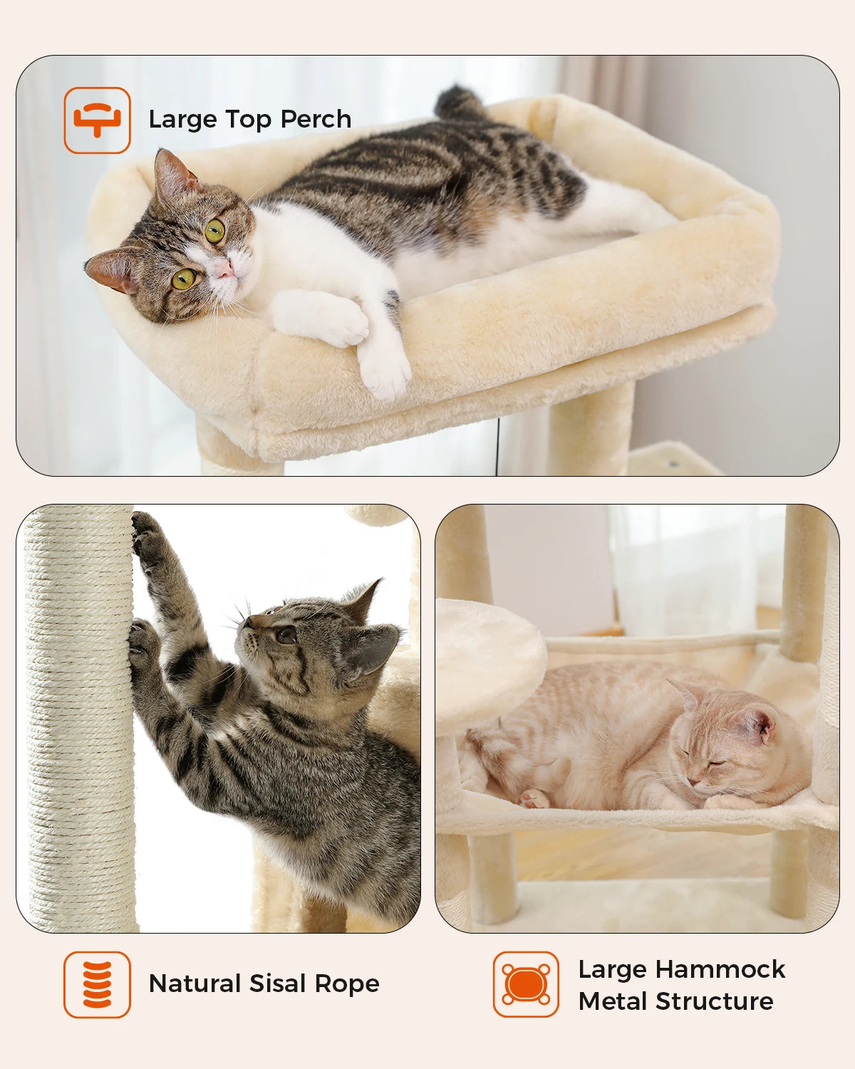 Tour d'arbre à chat à 5 niveaux pour grands chats avec hamac extra-large, niche confortable, poteaux à griffer en sisal et perchoir moelleux – Centre d'activités d'intérieur adapté aux chats lourds