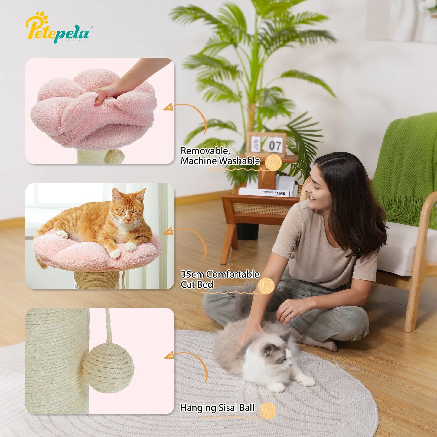 Arbre à chat fleur rose avec poteau à griffer en sisal naturel super épais, perchoir stable intérieur avec tapis et boules interactives.