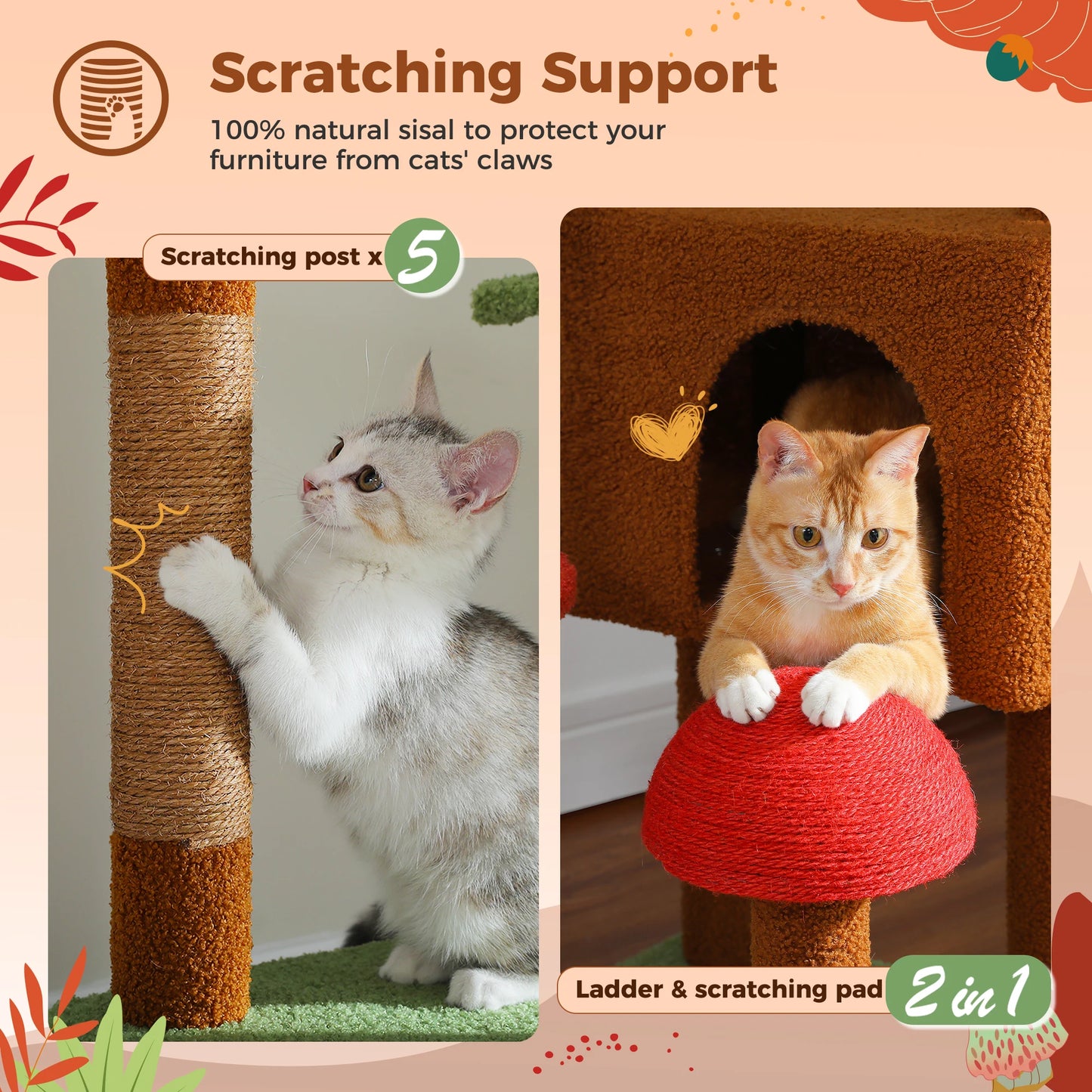 Arbre à chat cactus à hauteur réglable, tour multi-chats du sol au plafond avec condo, hamac et poteau à griffer pour grands chats.