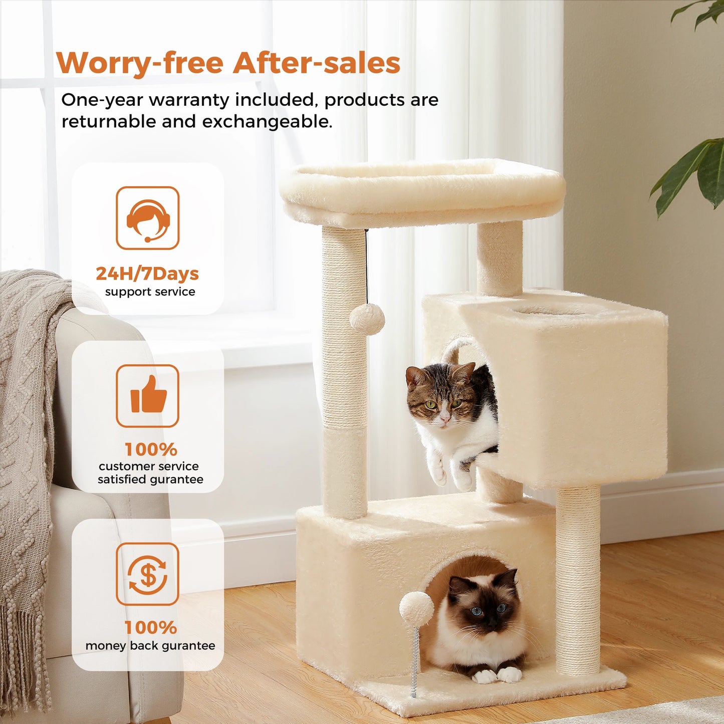 Arbre à chat de luxe tout-en-un avec 2 condos spacieux, grand hamac, perchoir rembourré, poteaux à griffer et rampe – Centre robuste de jeu et de repos multi-chats pour gros chats avec sangle de sécurité.