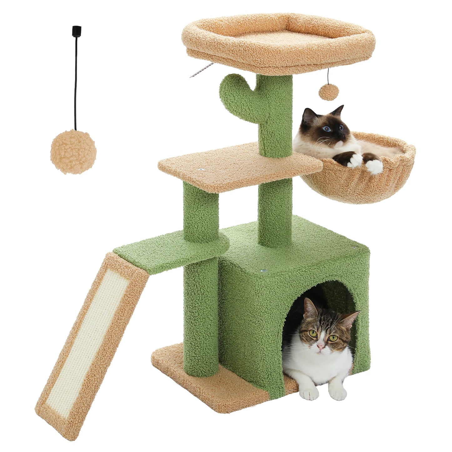 Tour pour chat réglable à 5 niveaux, du sol au plafond, avec poteaux à griffer en sisal, hamac en peluche et jouet suspendu – Design moderne en forme de cactus pour les jeux d'intérieur de plusieurs chats