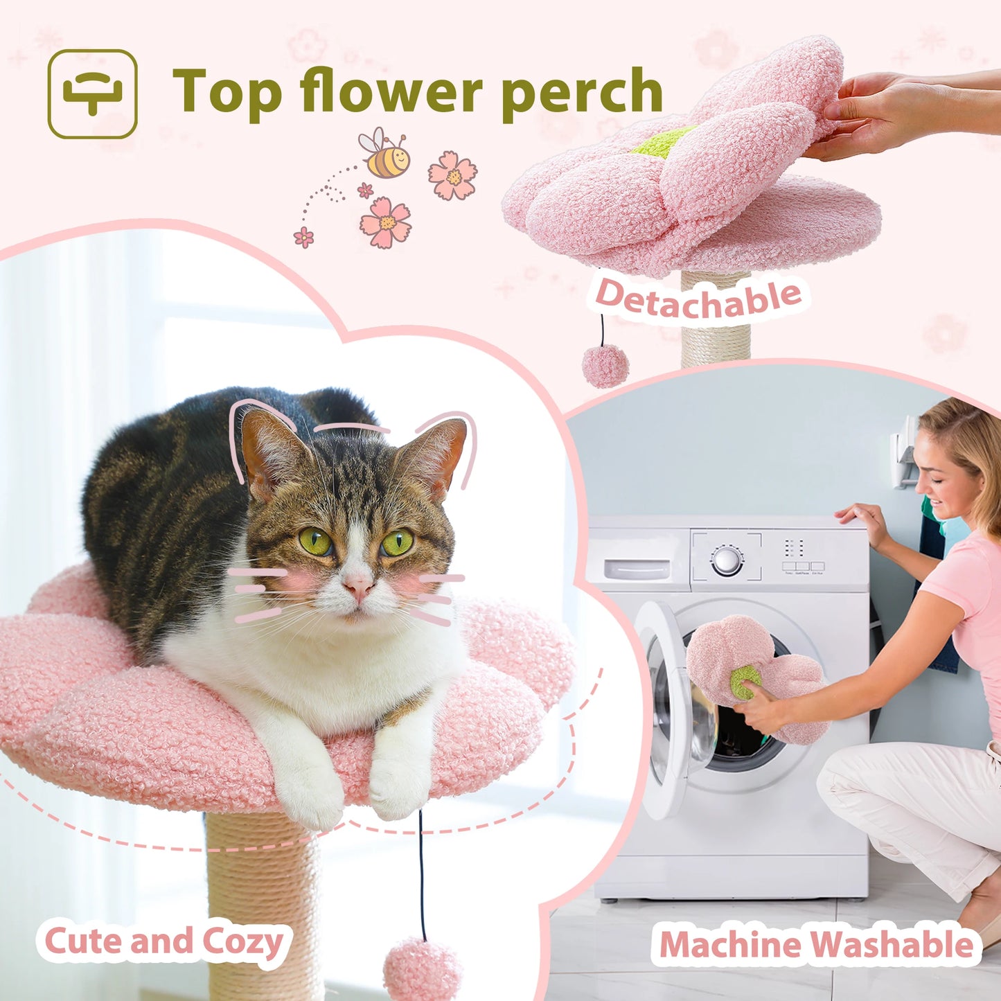 Arbre à chat fleuri avec grand hamac à cadre métallique, poteaux à griffer en sisal et perchoir rose – tour à chat stable, facile à nettoyer, avec condo spacieux à deux portes, idéal pour petits chats en intérieur.