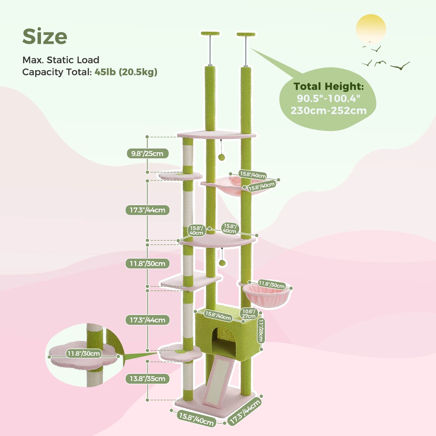 Arbre à chat Cactus réglable en hauteur, du sol au plafond, avec niche, hamac confortable et griffoirs – Arbre d'activité d'intérieur multi-chats peu encombrant
