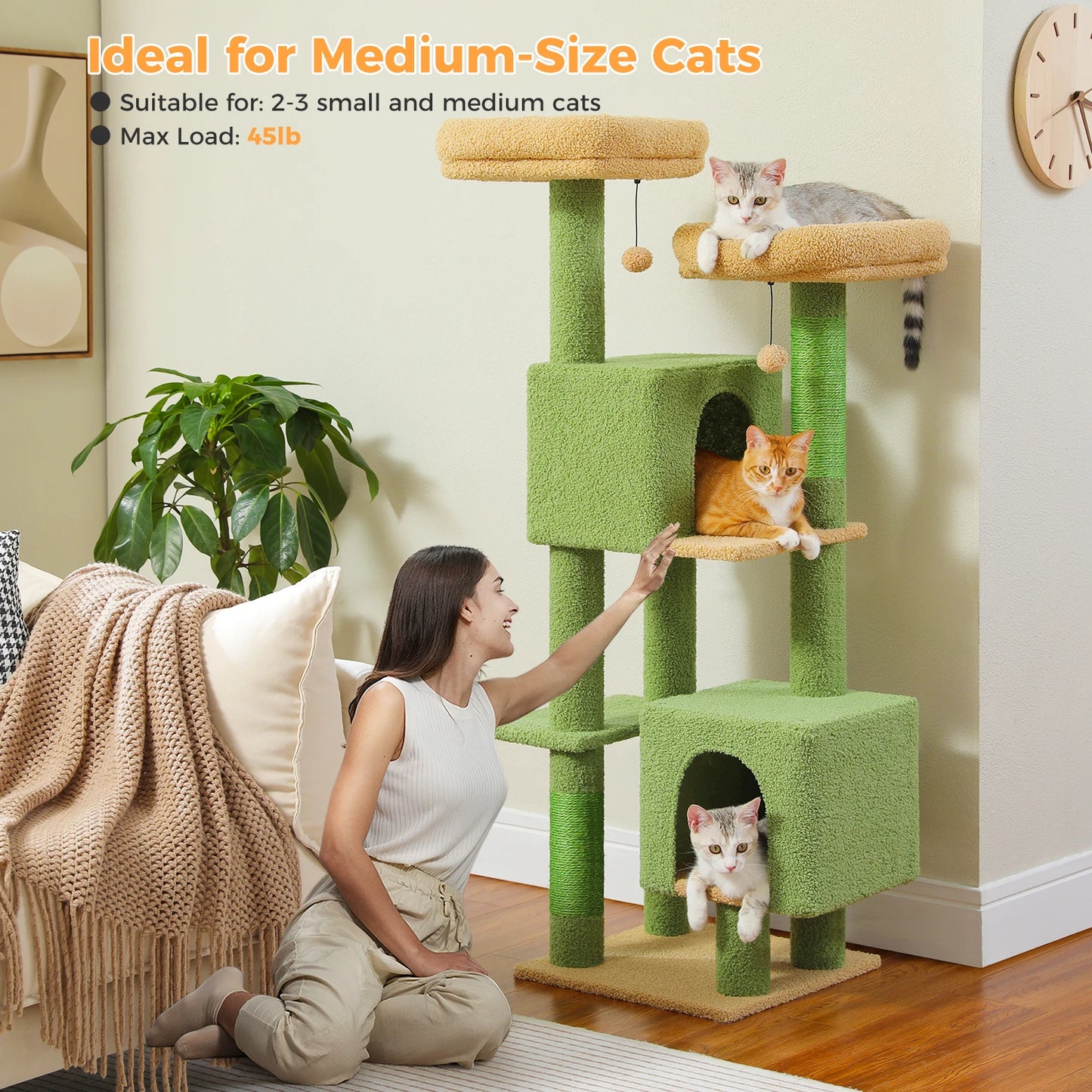 Arbre à chat cactus de 133 cm pour chats d’intérieur avec 2 perchoirs rembourrés, 2 condos douillets, 2 poteaux à griffer en sisal et pompons suspendus remplaçables – aire de jeux multi-chats peu encombrante.