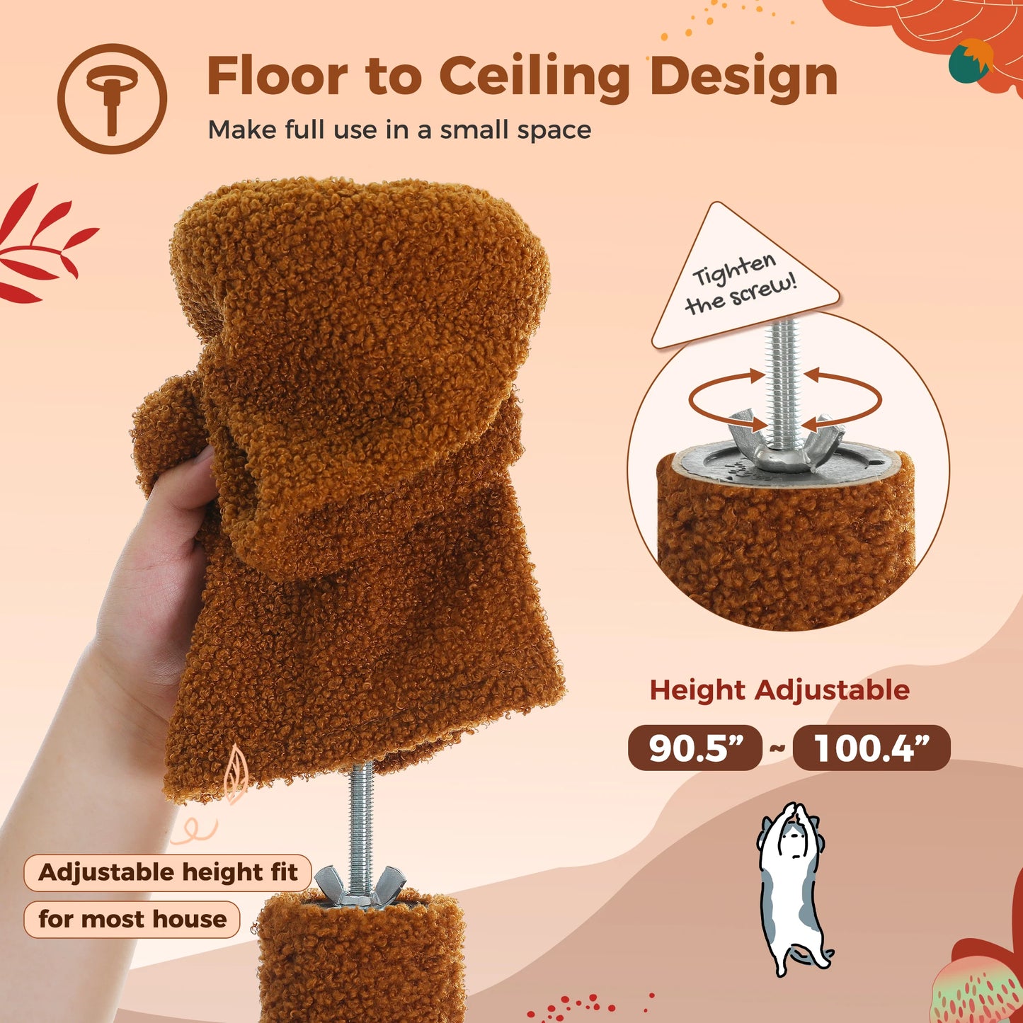 Arbre à chat cactus à hauteur réglable, tour multi-chats du sol au plafond avec condo, hamac et poteau à griffer pour grands chats.