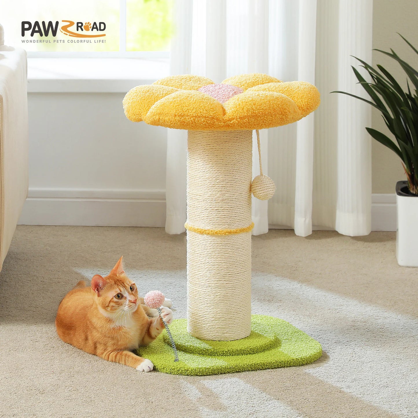 Arbre à chat fleur rose avec poteau à griffer en sisal naturel super épais, perchoir stable intérieur avec tapis et boules interactives.