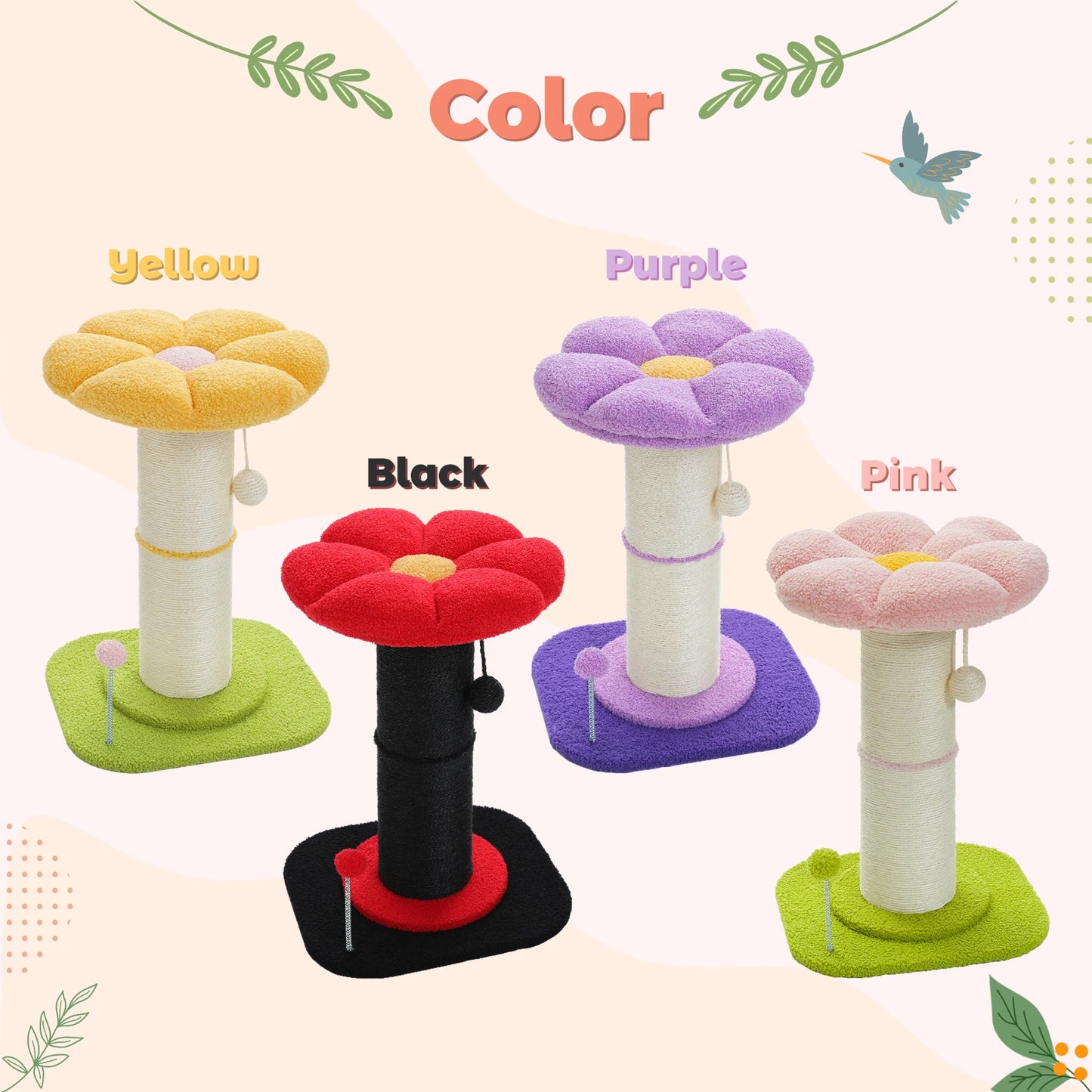 Arbre à chat fleur rose avec poteau à griffer en sisal naturel super épais, perchoir stable intérieur avec tapis et boules interactives.