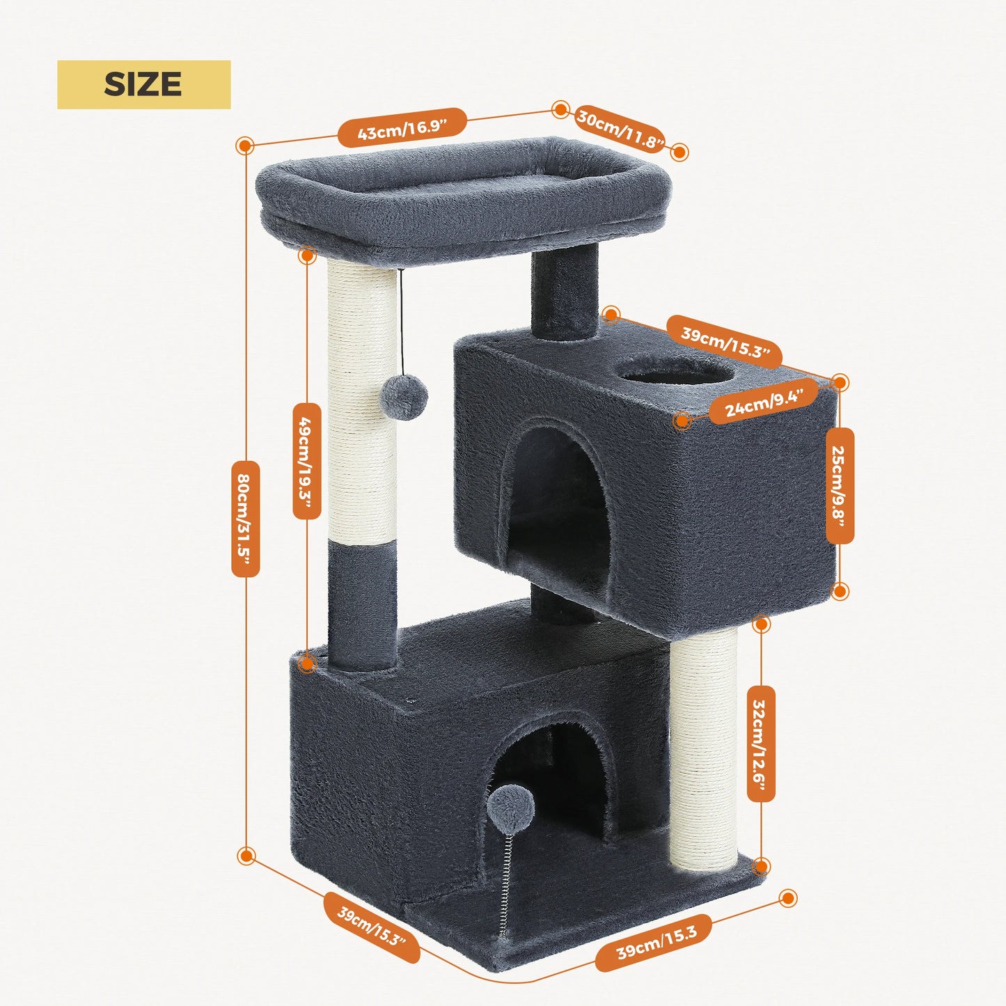 Arbre à chat de luxe tout-en-un avec 2 condos spacieux, grand hamac, perchoir rembourré, poteaux à griffer et rampe – Centre robuste de jeu et de repos multi-chats pour gros chats avec sangle de sécurité.