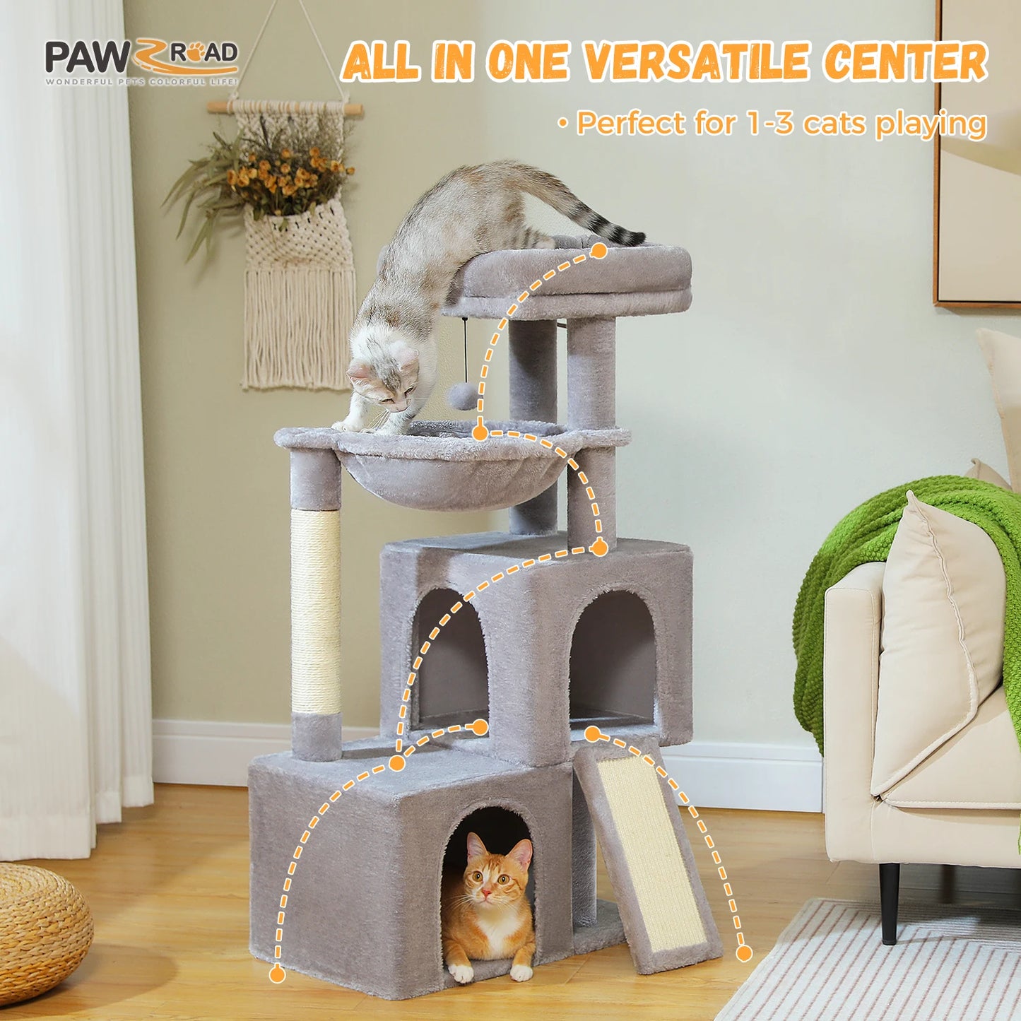 Arbre à chat de luxe tout-en-un avec 2 condos spacieux, grand hamac, perchoir rembourré, poteaux à griffer et rampe – Centre robuste de jeu et de repos multi-chats pour gros chats avec sangle de sécurité.