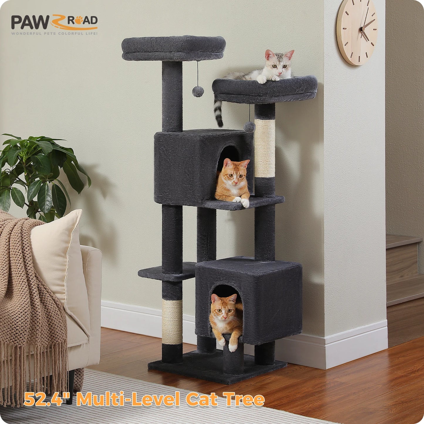Arbre à chat cactus de 133 cm pour chats d’intérieur avec 2 perchoirs rembourrés, 2 condos douillets, 2 poteaux à griffer en sisal et pompons suspendus remplaçables – aire de jeux multi-chats peu encombrante.