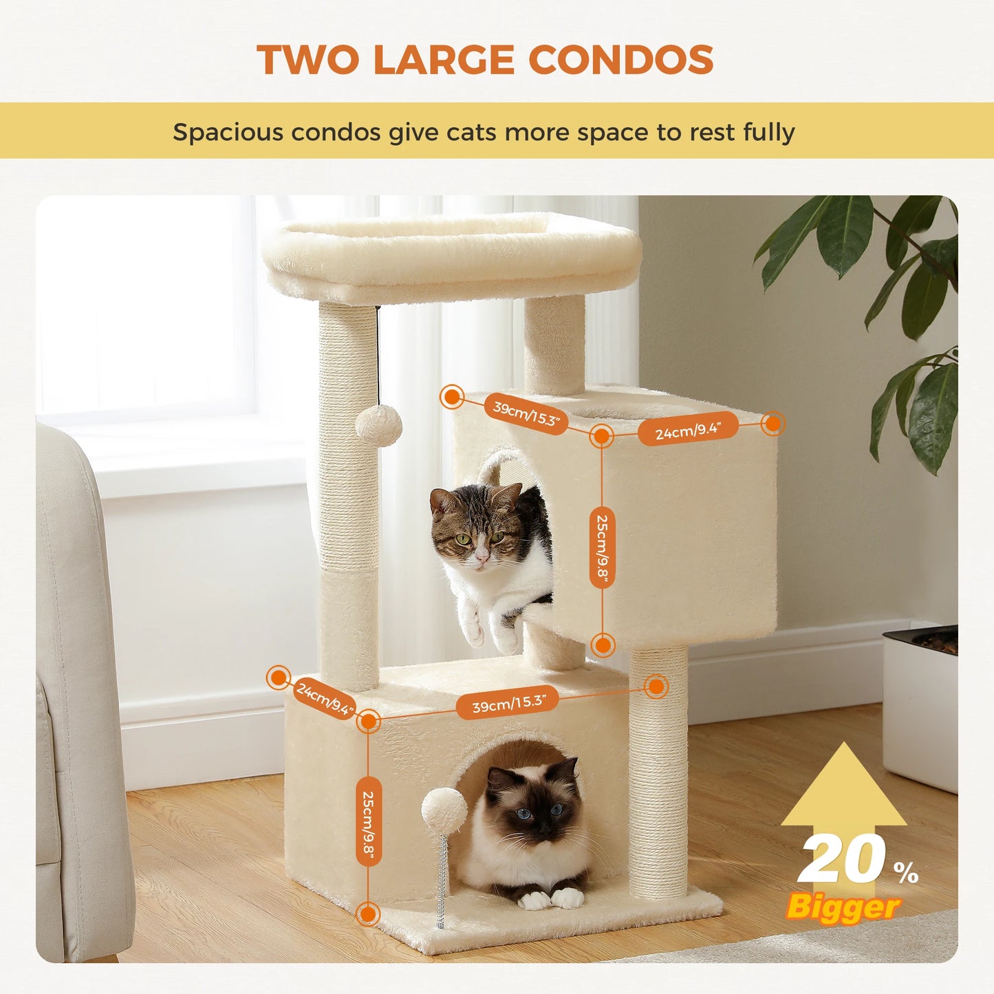 Arbre à chat de luxe tout-en-un avec 2 condos spacieux, grand hamac, perchoir rembourré, poteaux à griffer et rampe – Centre robuste de jeu et de repos multi-chats pour gros chats avec sangle de sécurité.
